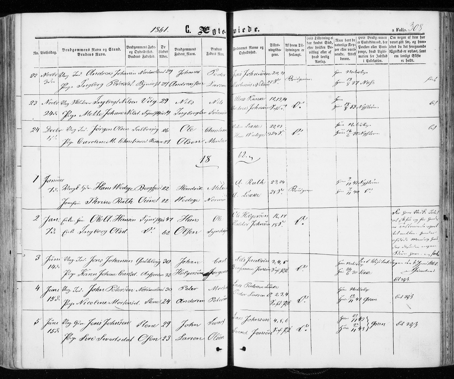 Ministerialprotokoller, klokkerbøker og fødselsregistre - Sør-Trøndelag, SAT/A-1456/657/L0705: Parish register (official) no. 657A06, 1858-1867, p. 308