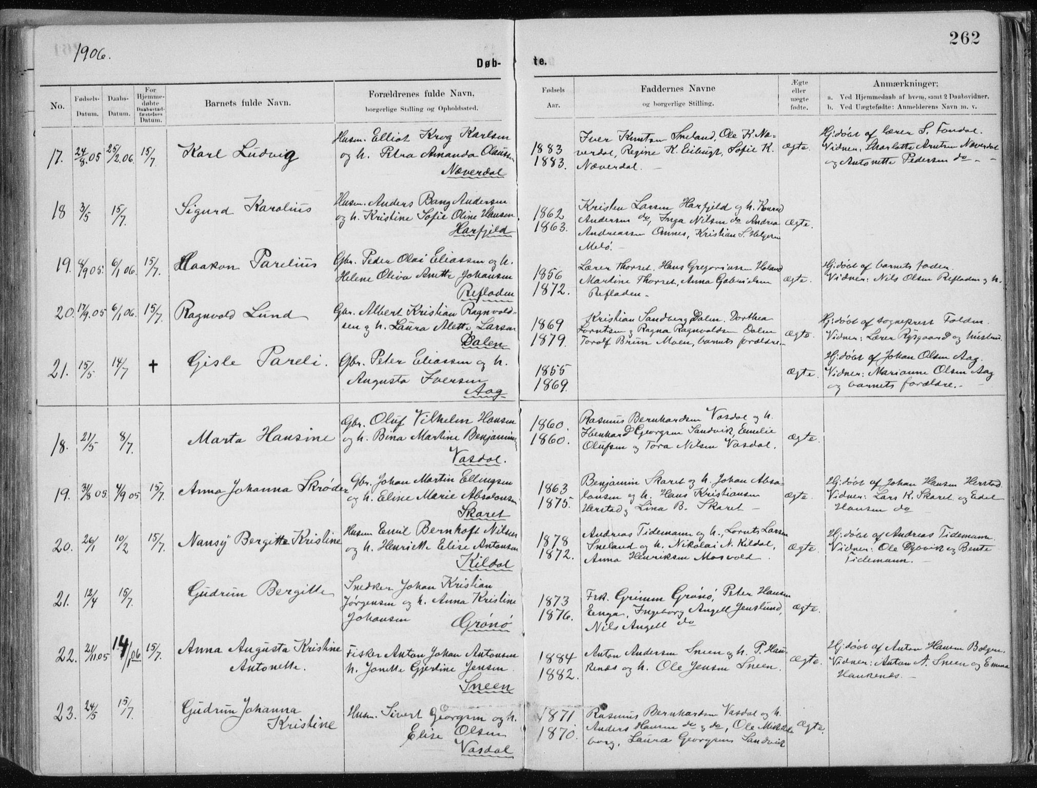Ministerialprotokoller, klokkerbøker og fødselsregistre - Nordland, SAT/A-1459/843/L0636: Parish register (copy) no. 843C05, 1884-1909, p. 262