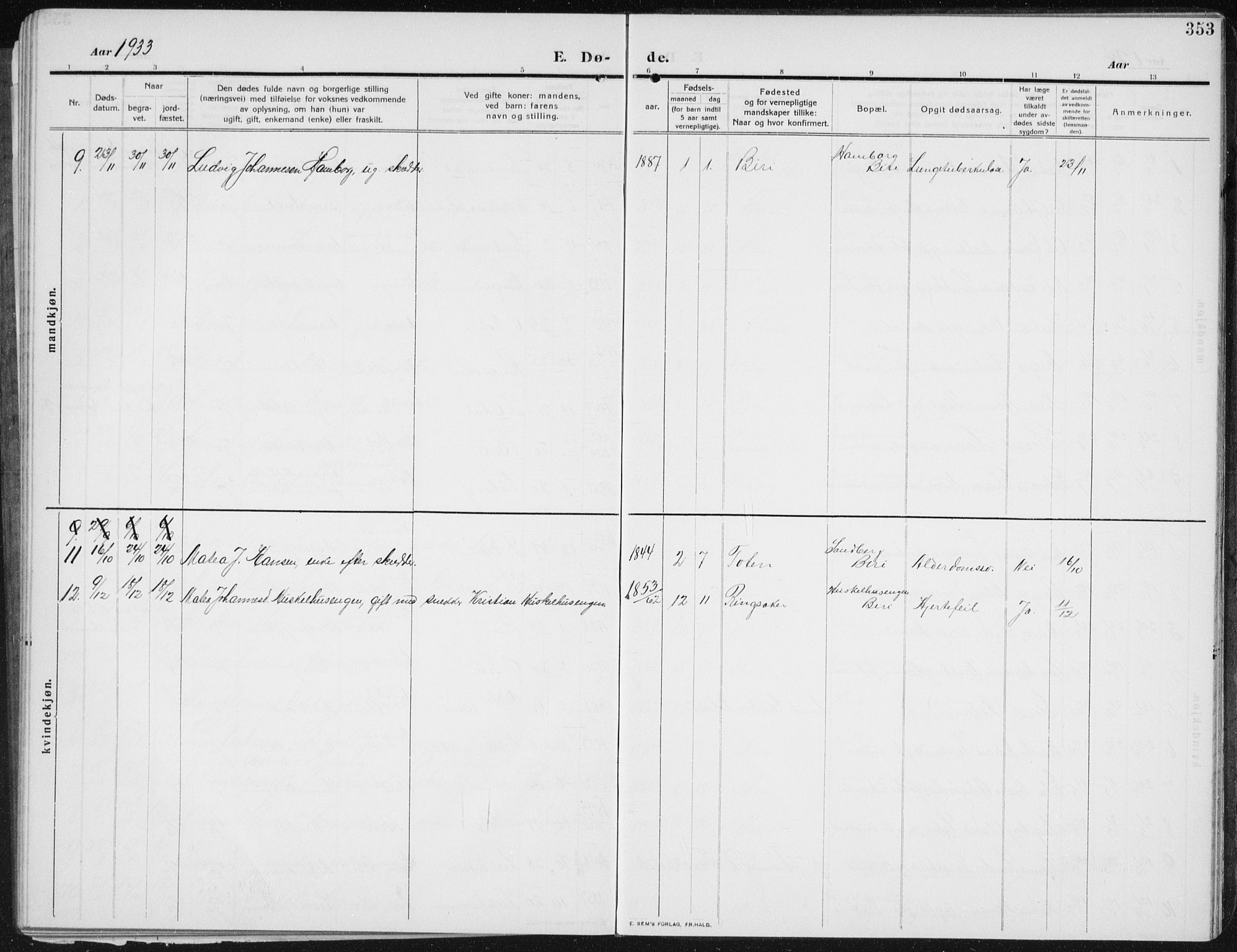 Biri prestekontor, SAH/PREST-096/H/Ha/Hab/L0006: Parish register (copy) no. 6, 1909-1938, p. 353