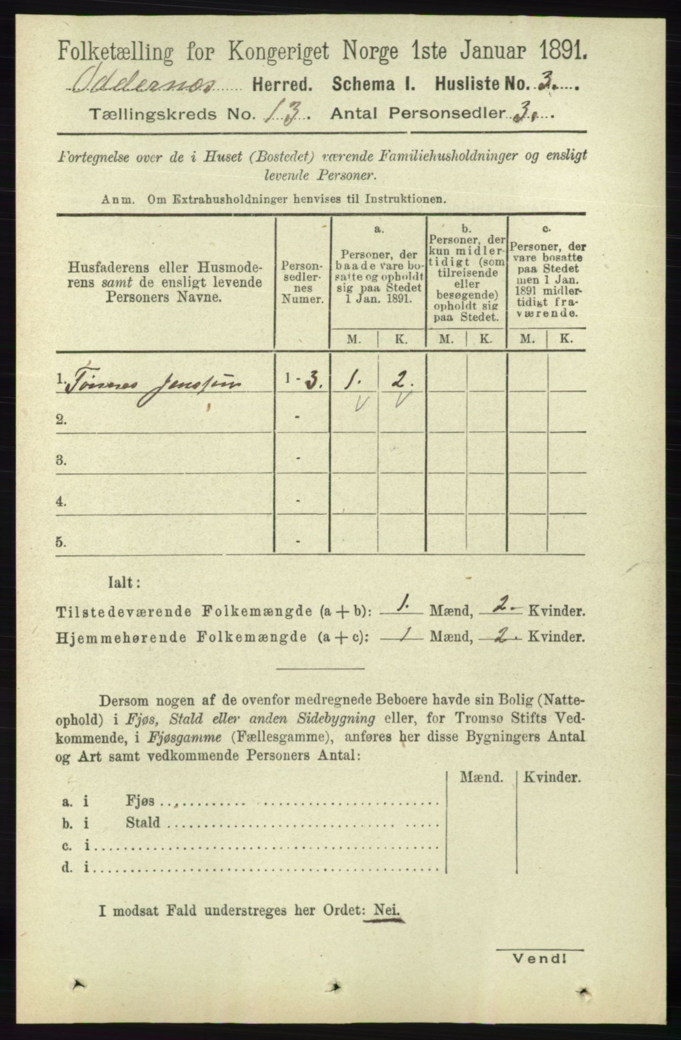 RA, 1891 census for 1012 Oddernes, 1891, p. 4600