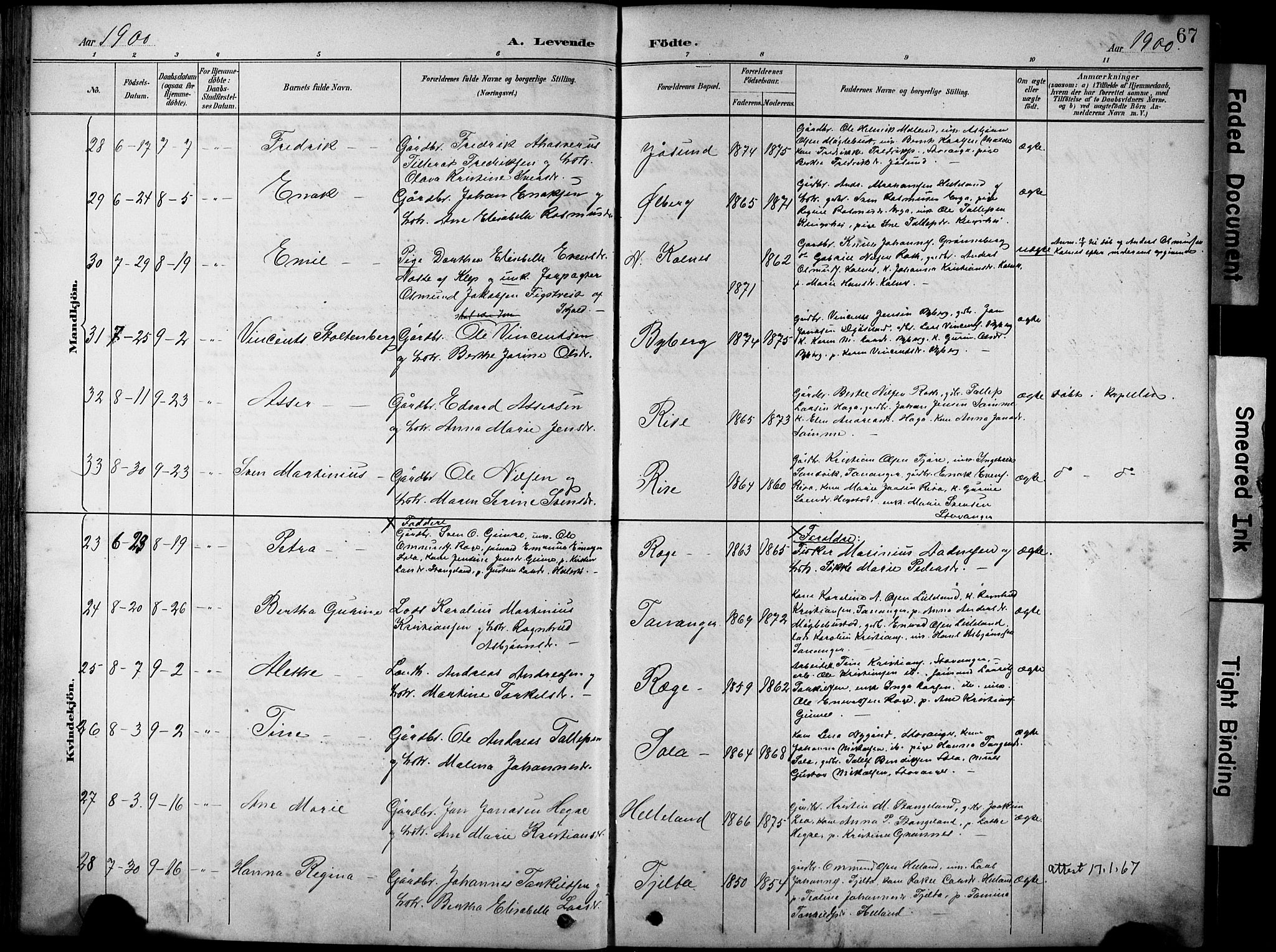 Håland sokneprestkontor, AV/SAST-A-101802/001/30BA/L0012: Parish register (official) no. A 11, 1889-1900, p. 67