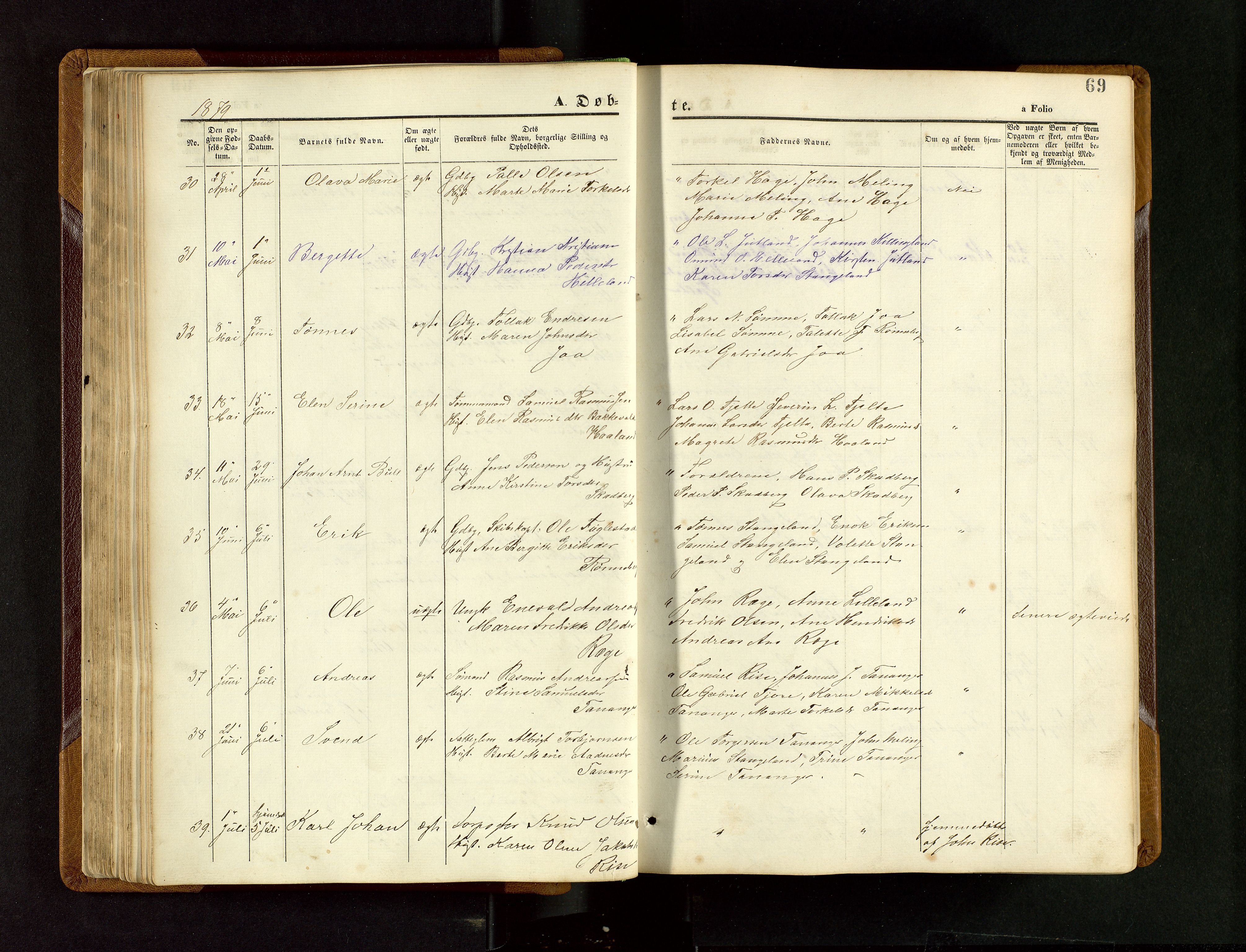 Håland sokneprestkontor, SAST/A-101802/001/30BB/L0003: Parish register (copy) no. B 3, 1873-1893, p. 69