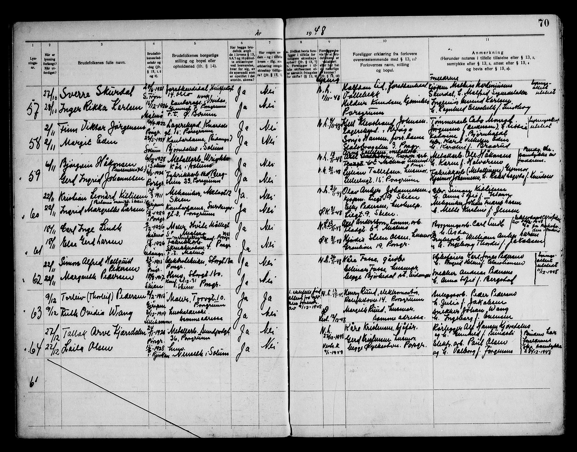 Porsgrunn kirkebøker , SAKO/A-104/H/Ha/L0002: Banns register no. 2, 1937-1952, p. 70