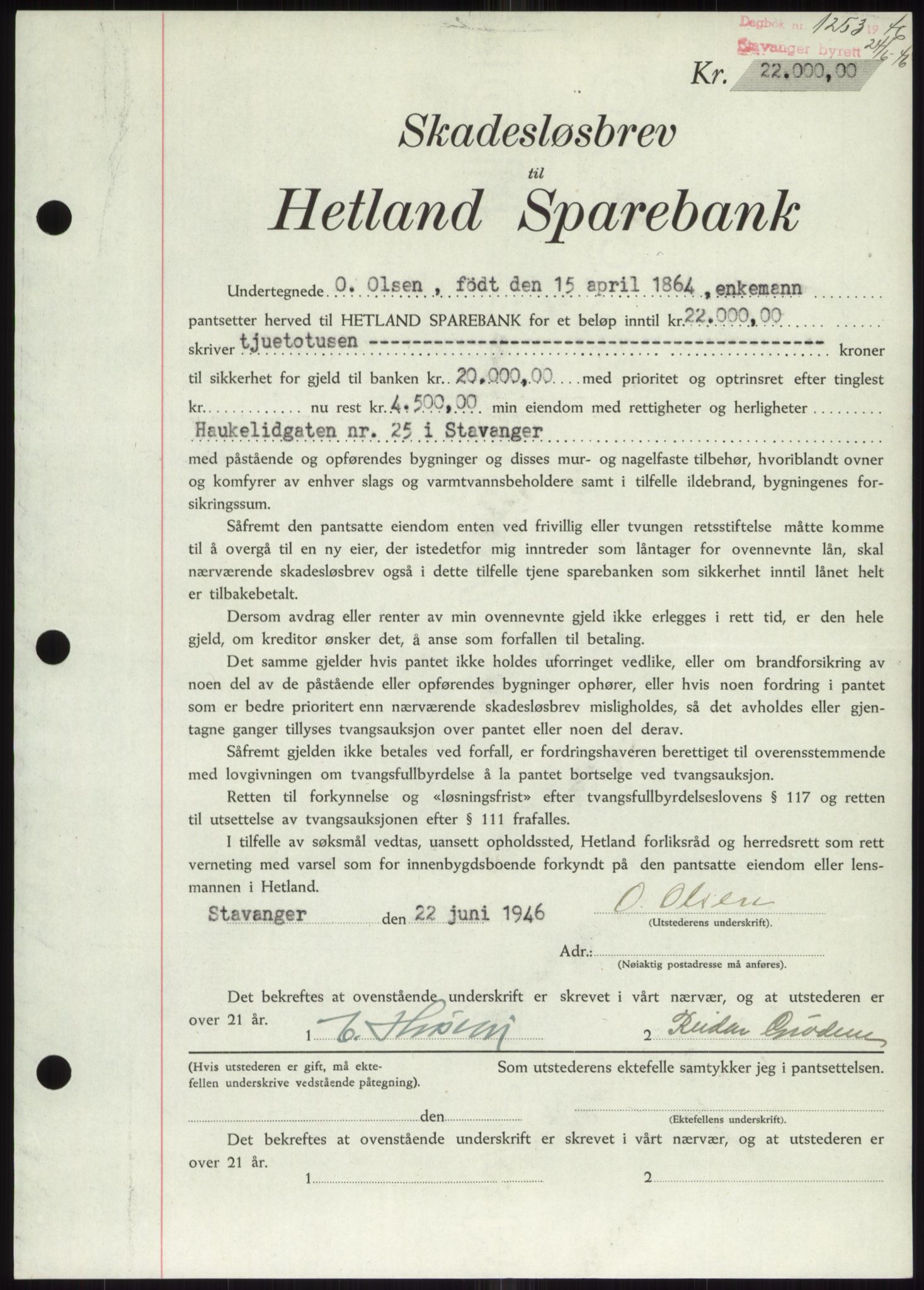 Stavanger byrett, AV/SAST-A-100455/002/G/Gb/L0031: Mortgage book, 1943-1947, Diary no: : 1253/1946