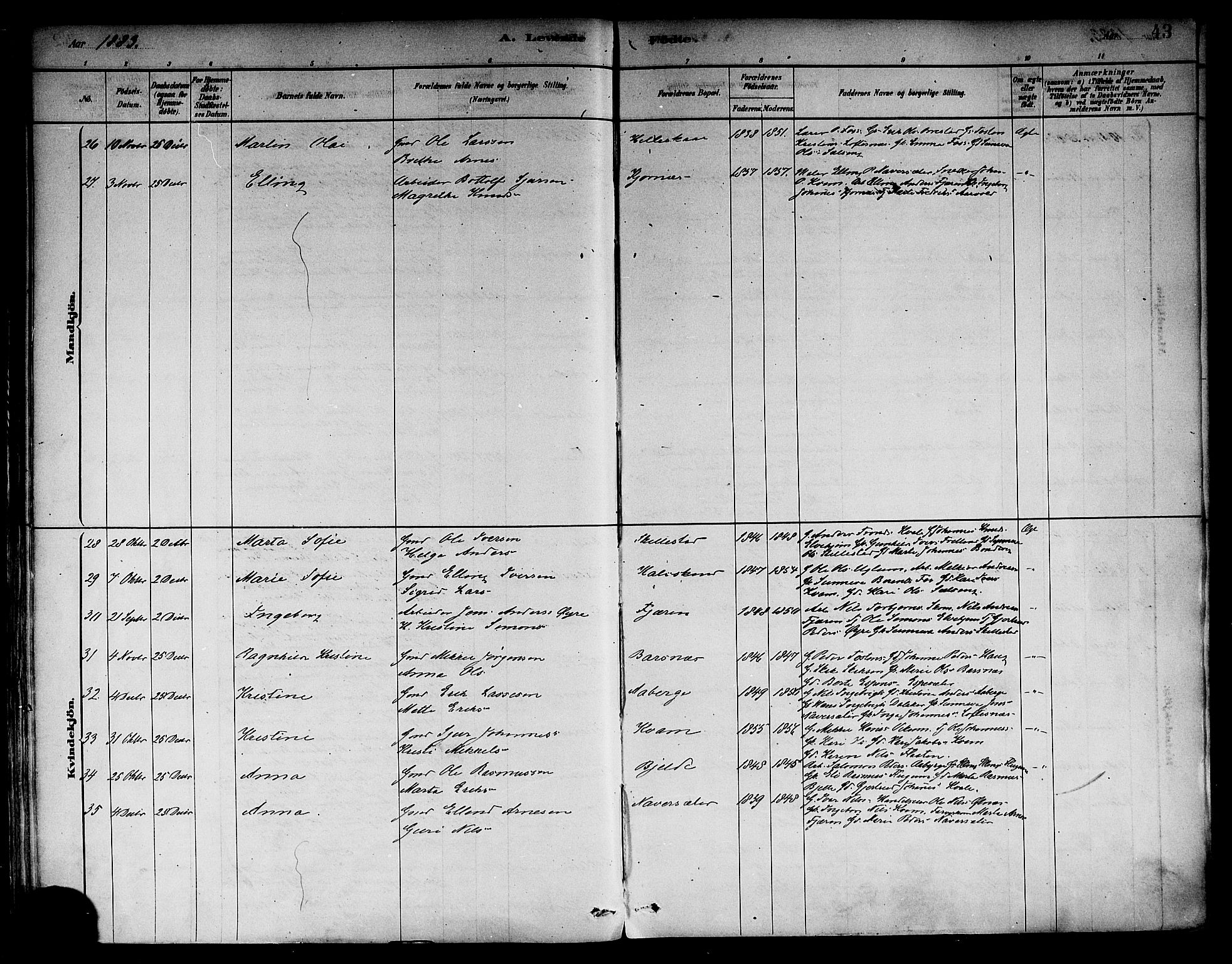 Sogndal sokneprestembete, AV/SAB-A-81301/H/Haa/Haab/L0001: Parish register (official) no. B 1, 1878-1899, p. 43