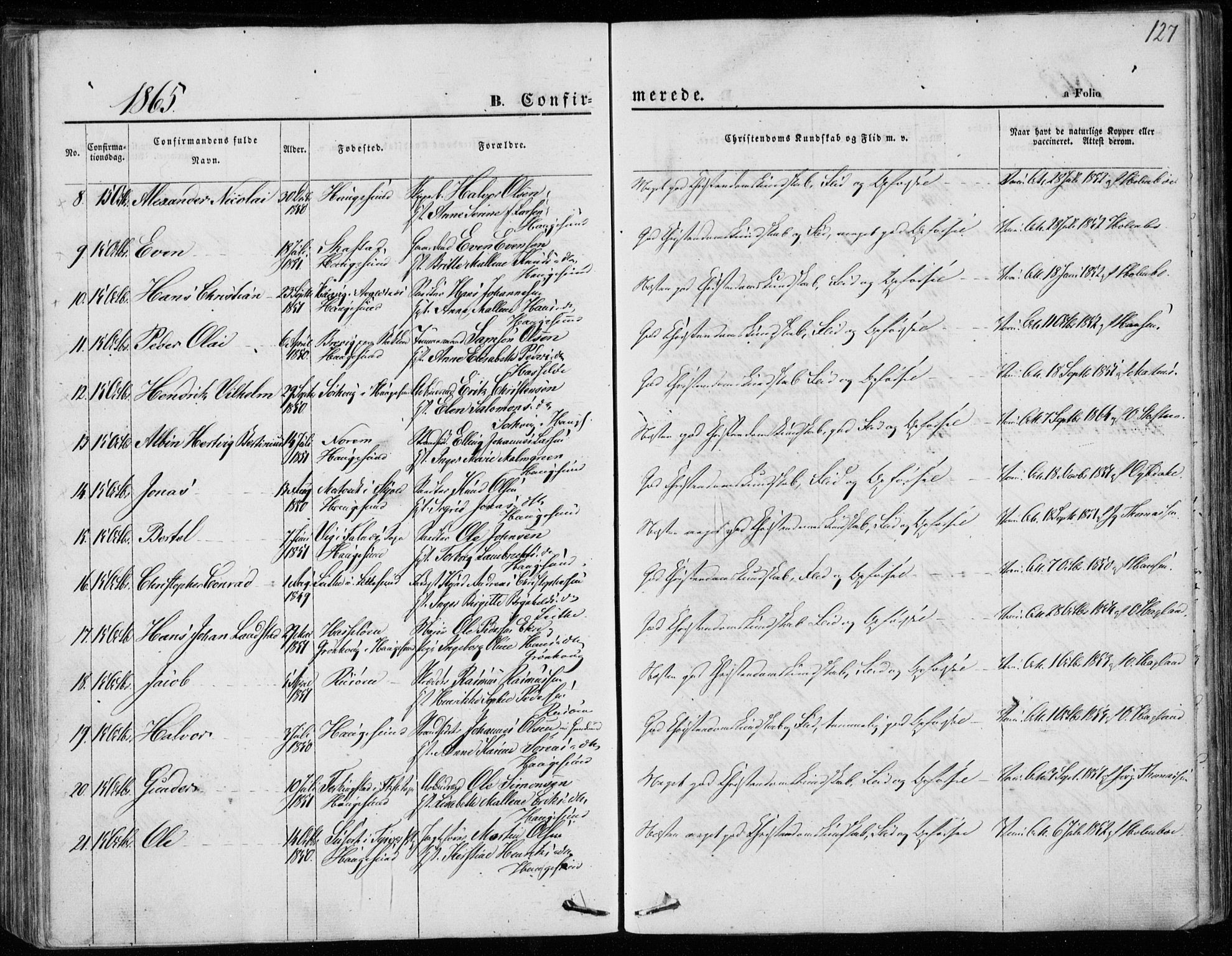 Torvastad sokneprestkontor, SAST/A -101857/H/Ha/Haa/L0011: Parish register (official) no. A 11, 1857-1866, p. 127