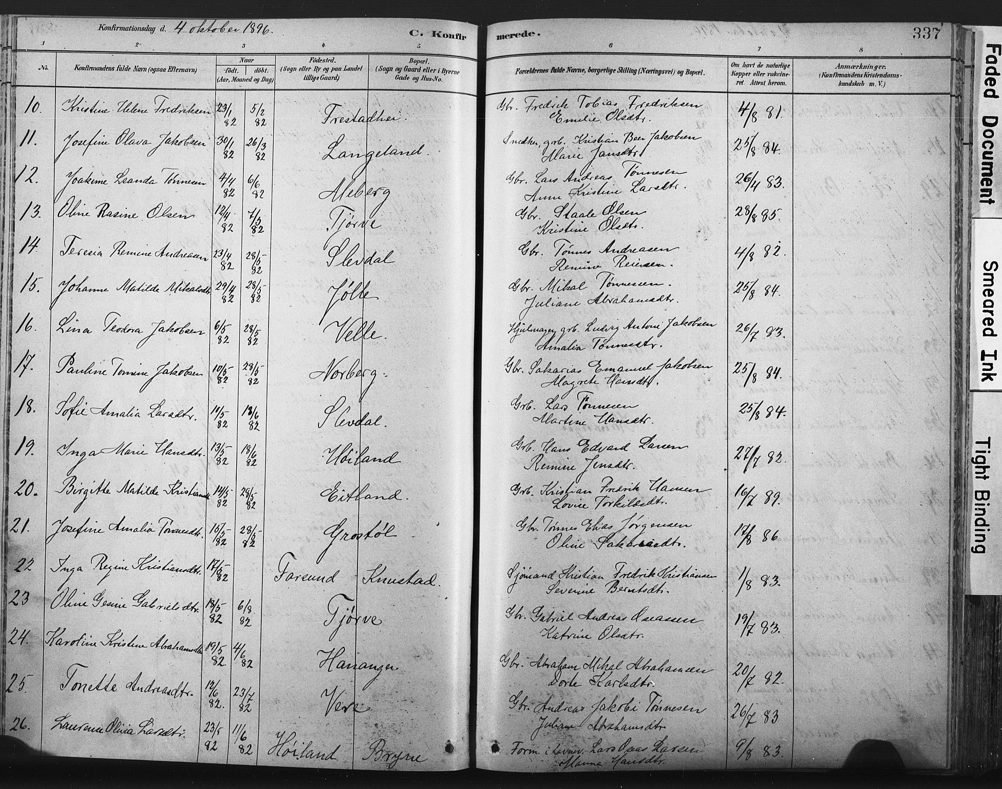 Lista sokneprestkontor, AV/SAK-1111-0027/F/Fa/L0012: Parish register (official) no. A 12, 1879-1903, p. 337