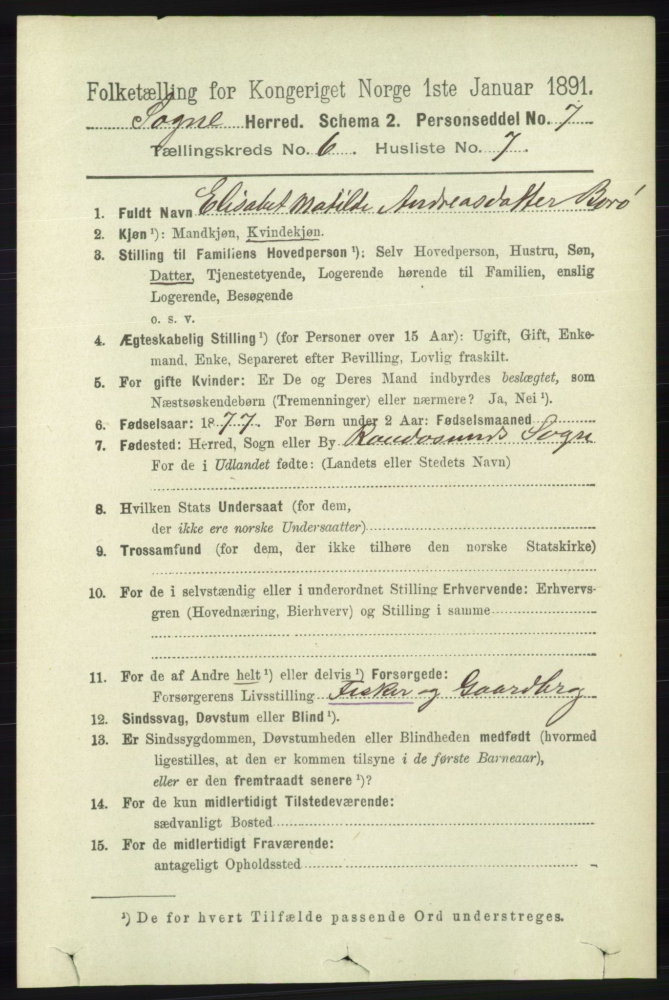 RA, 1891 census for 1018 Søgne, 1891, p. 1408