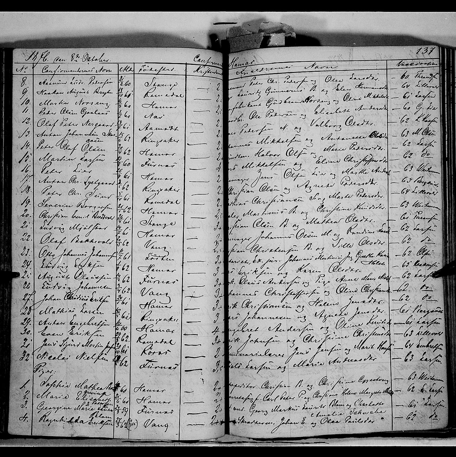 Vang prestekontor, Hedmark, AV/SAH-PREST-008/H/Ha/Haa/L0011: Parish register (official) no. 11, 1852-1877, p. 137