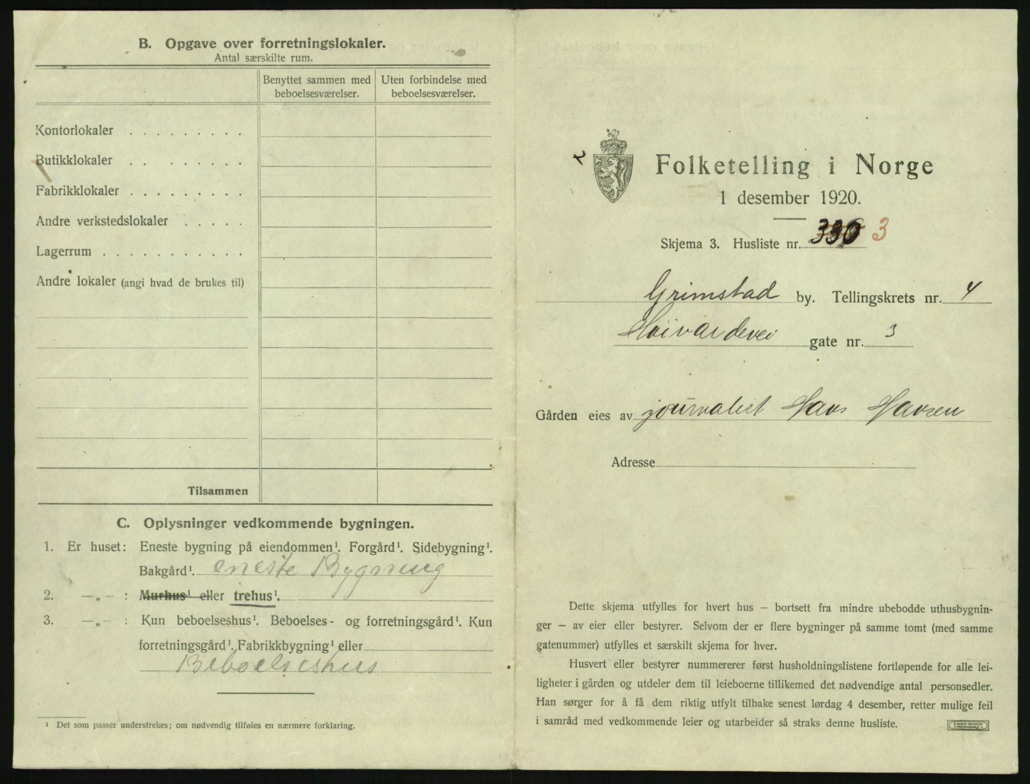 SAK, 1920 census for Grimstad, 1920, p. 613