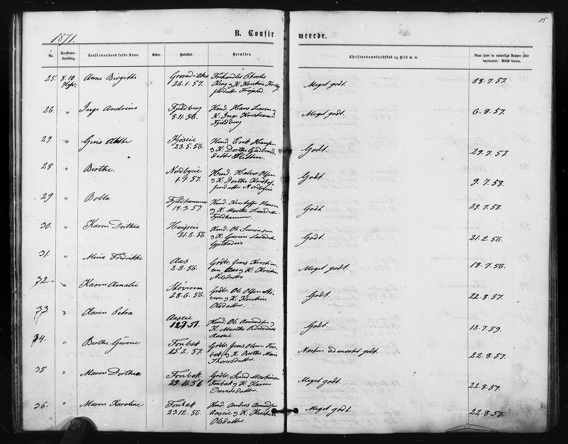 Ullensaker prestekontor Kirkebøker, AV/SAO-A-10236a/F/Fa/L0017: Parish register (official) no. I 17, 1871-1875, p. 15