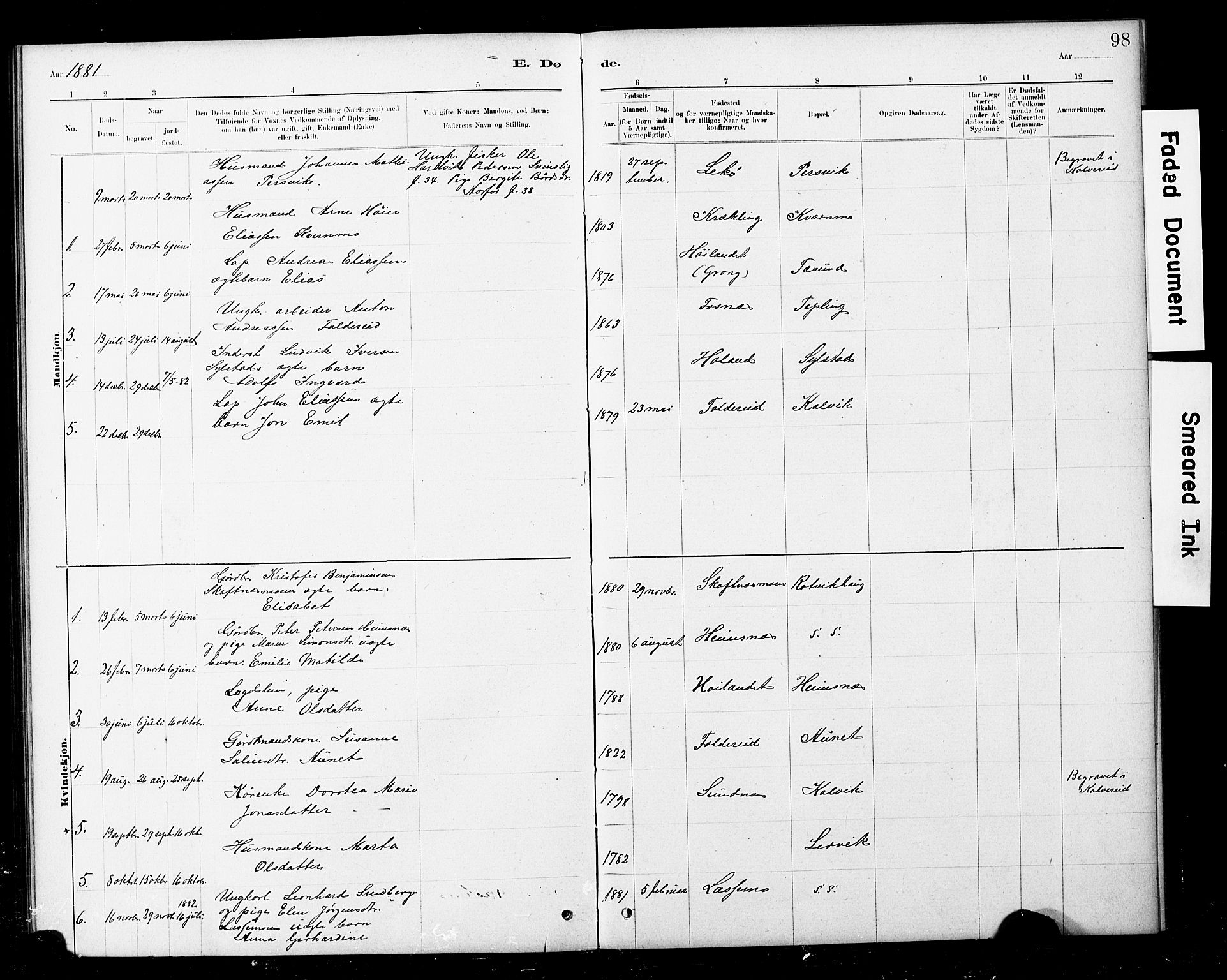 Ministerialprotokoller, klokkerbøker og fødselsregistre - Nord-Trøndelag, SAT/A-1458/783/L0661: Parish register (copy) no. 783C01, 1878-1893, p. 98