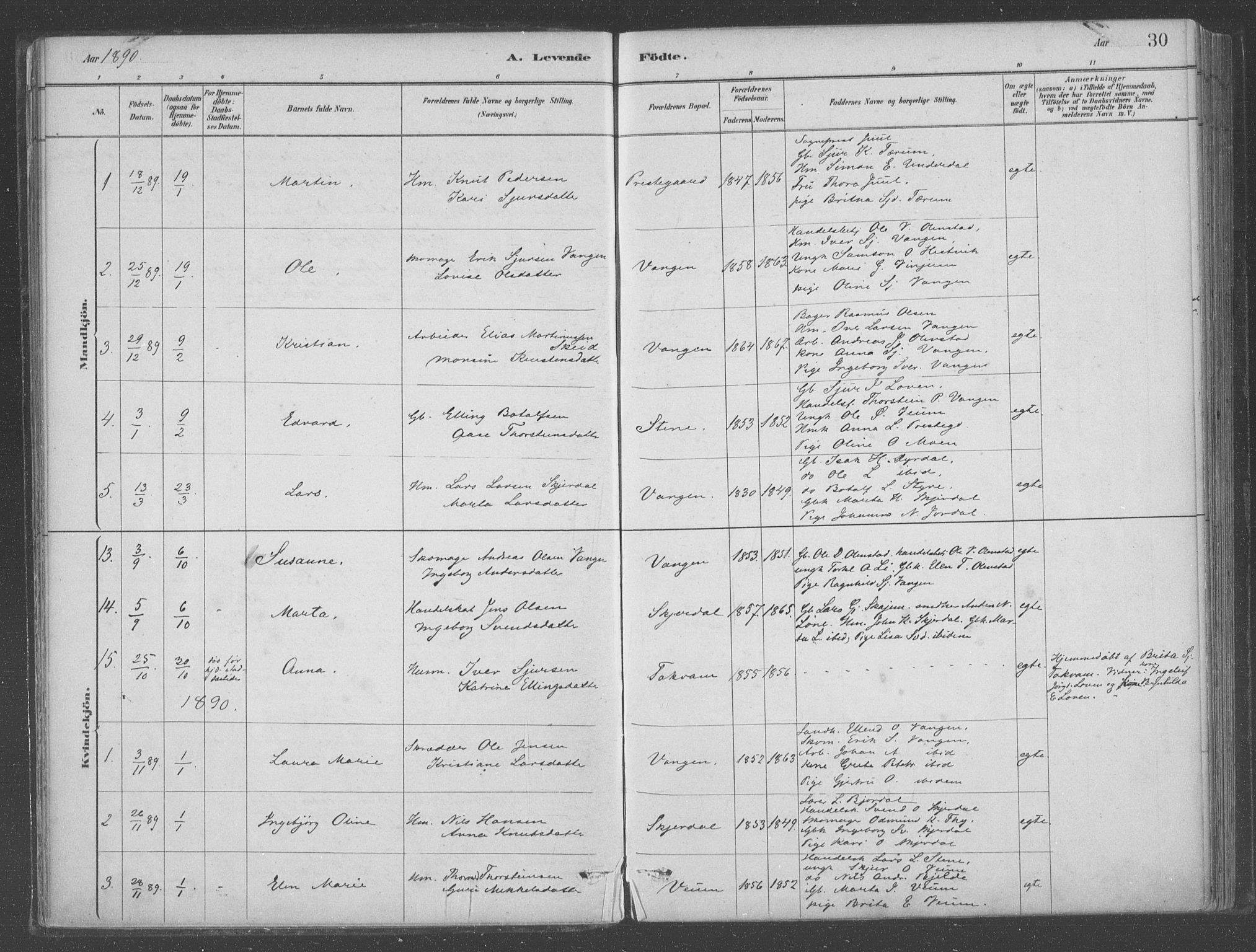 Aurland sokneprestembete, SAB/A-99937/H/Ha/Hab/L0001: Parish register (official) no. B  1, 1880-1909, p. 30