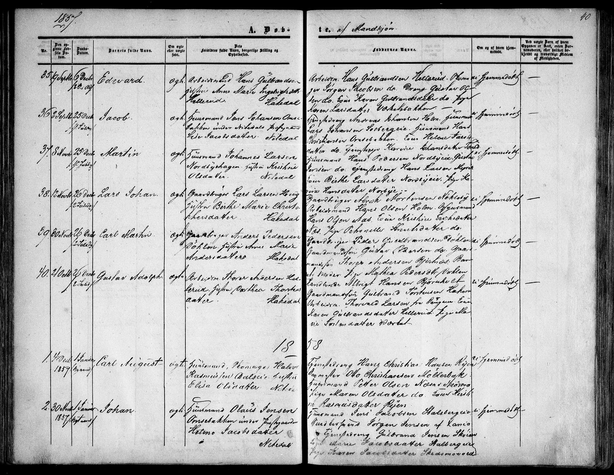 Nittedal prestekontor Kirkebøker, SAO/A-10365a/F/Fa/L0005: Parish register (official) no. I 5, 1850-1862, p. 40
