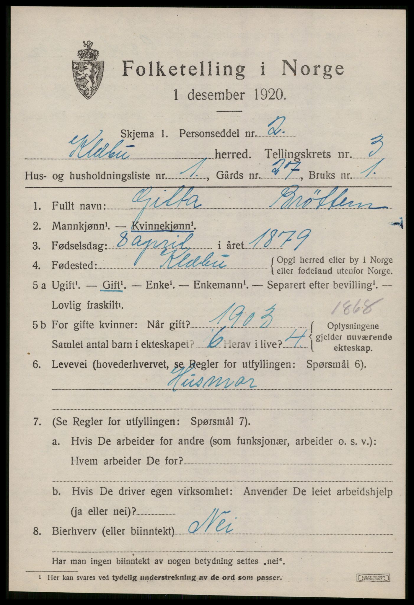 SAT, 1920 census for Klæbu, 1920, p. 1656