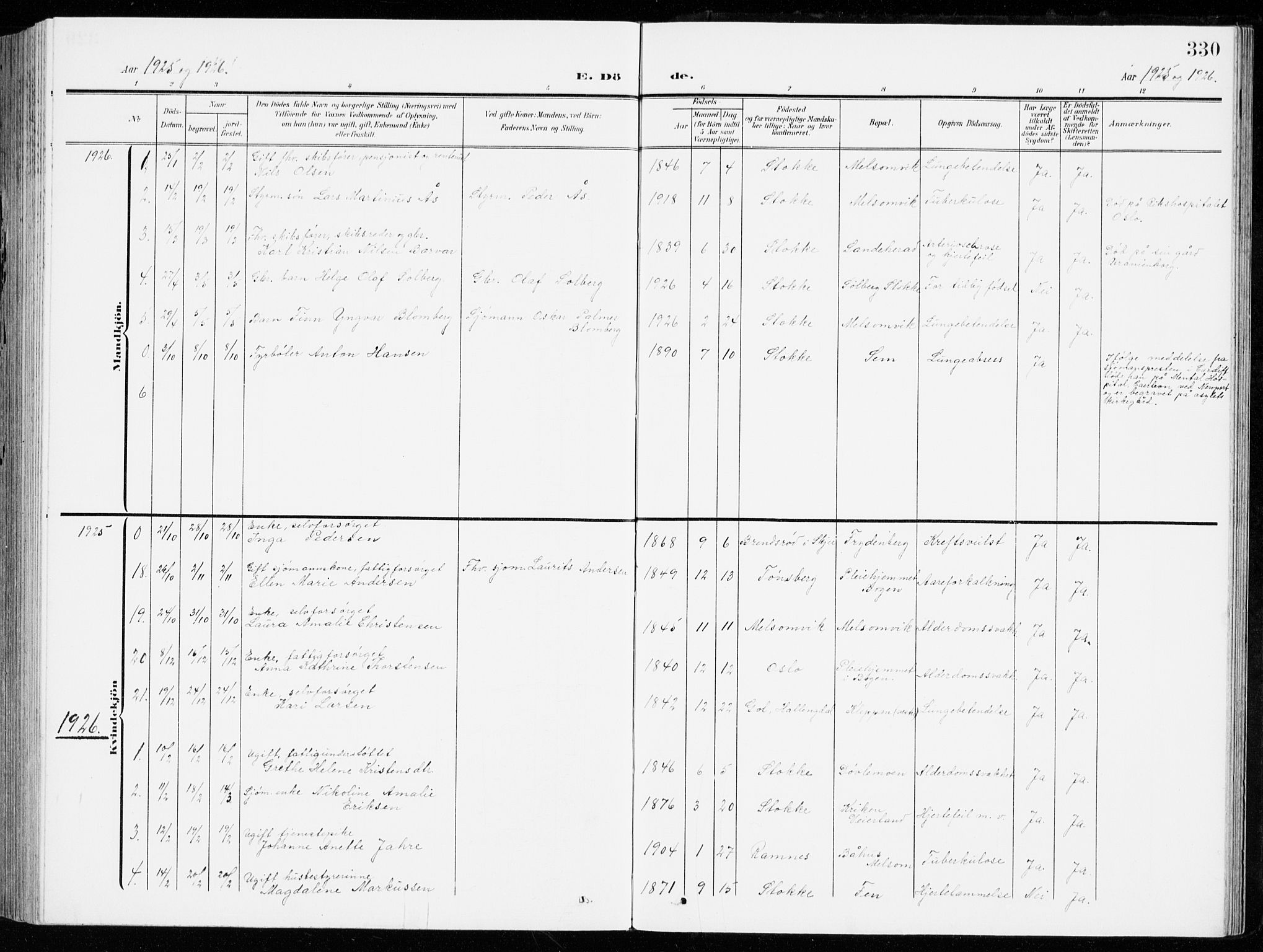 Stokke kirkebøker, AV/SAKO-A-320/G/Ga/L0001: Parish register (copy) no. I 1, 1904-1940, p. 330