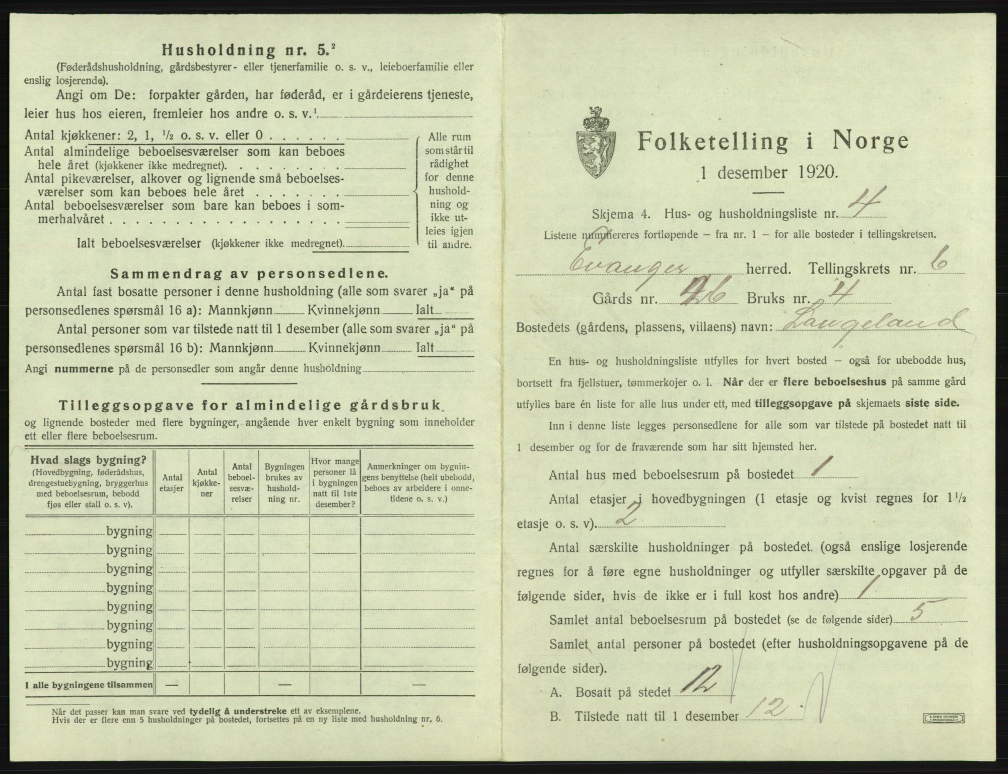 SAB, 1920 census for Evanger, 1920, p. 285