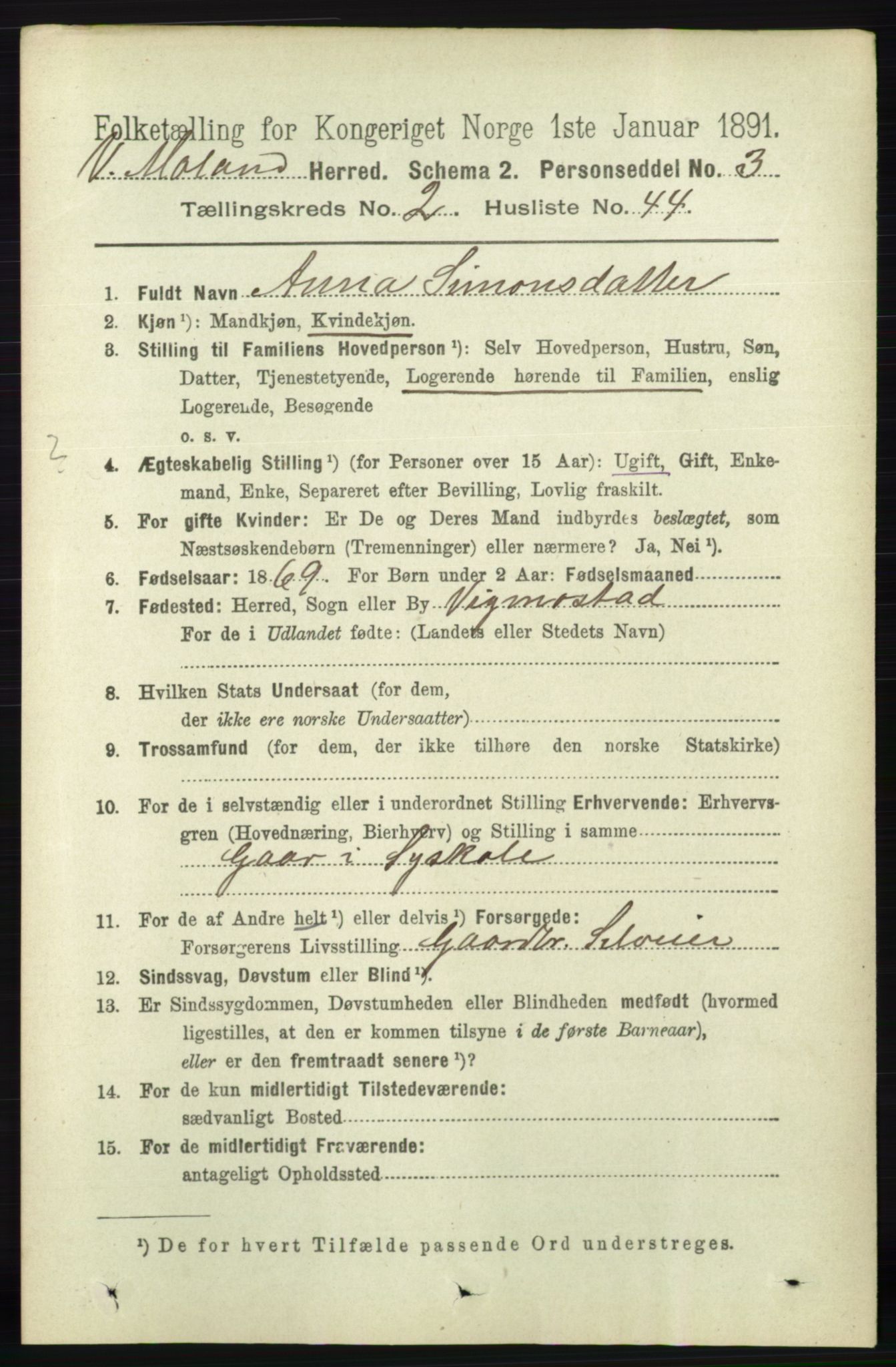 RA, 1891 census for 0926 Vestre Moland, 1891, p. 845