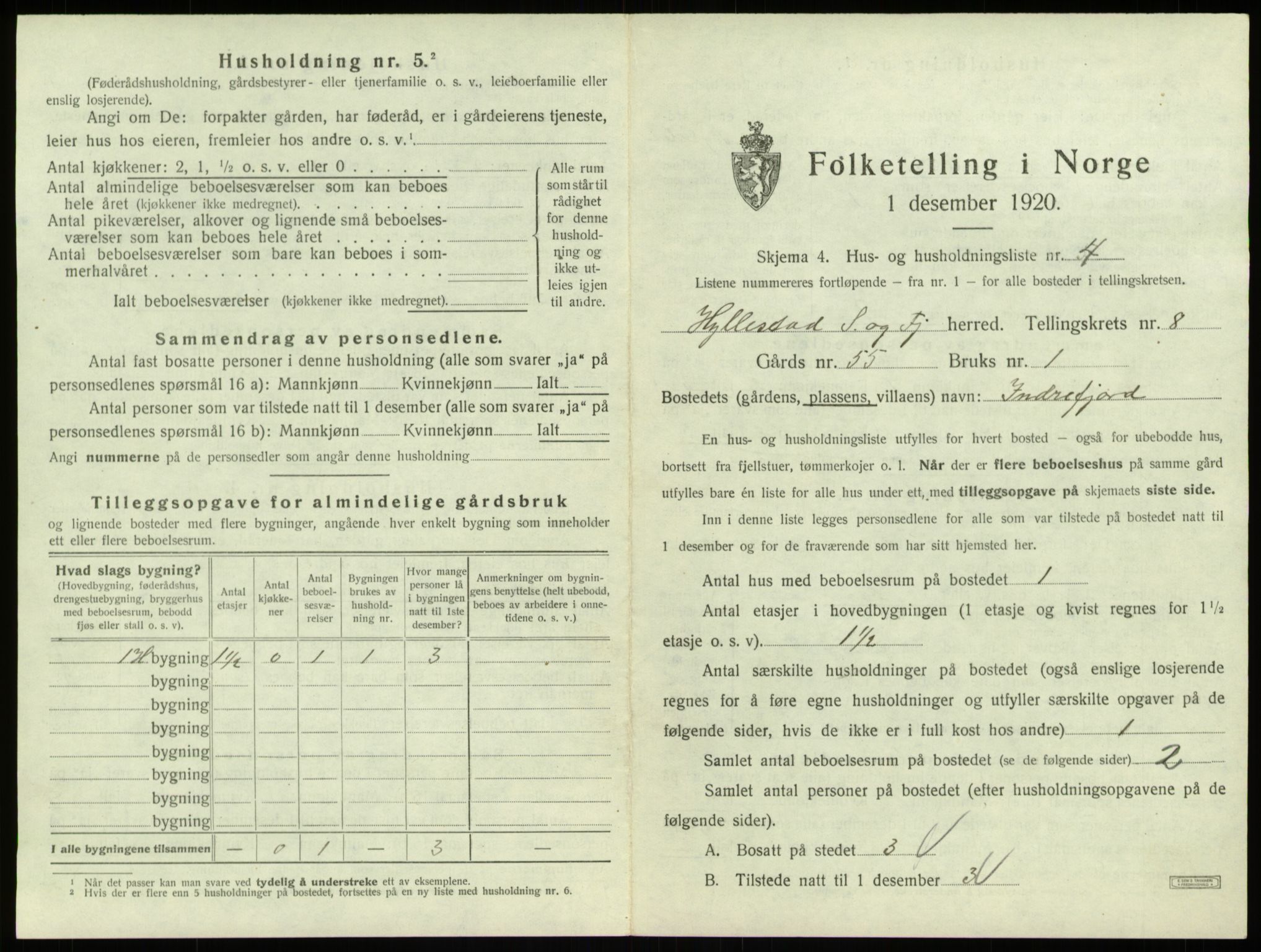 SAB, 1920 census for Hyllestad, 1920, p. 460