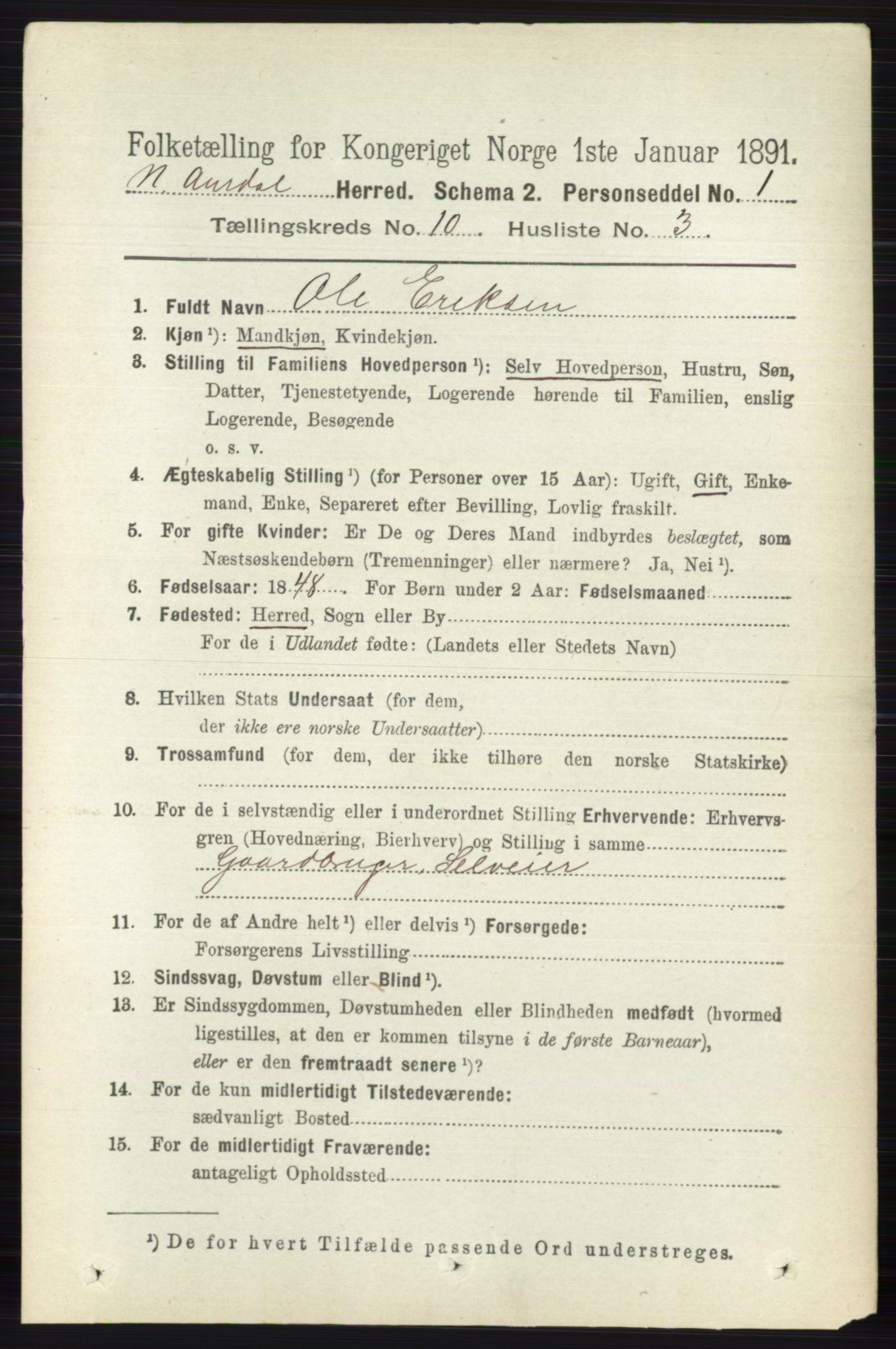 RA, 1891 census for 0542 Nord-Aurdal, 1891, p. 3743