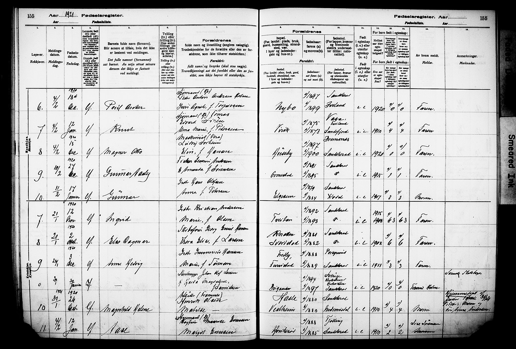 Sandar kirkebøker, AV/SAKO-A-243/J/Ja/L0001: Birth register no. 1, 1916-1922, p. 155