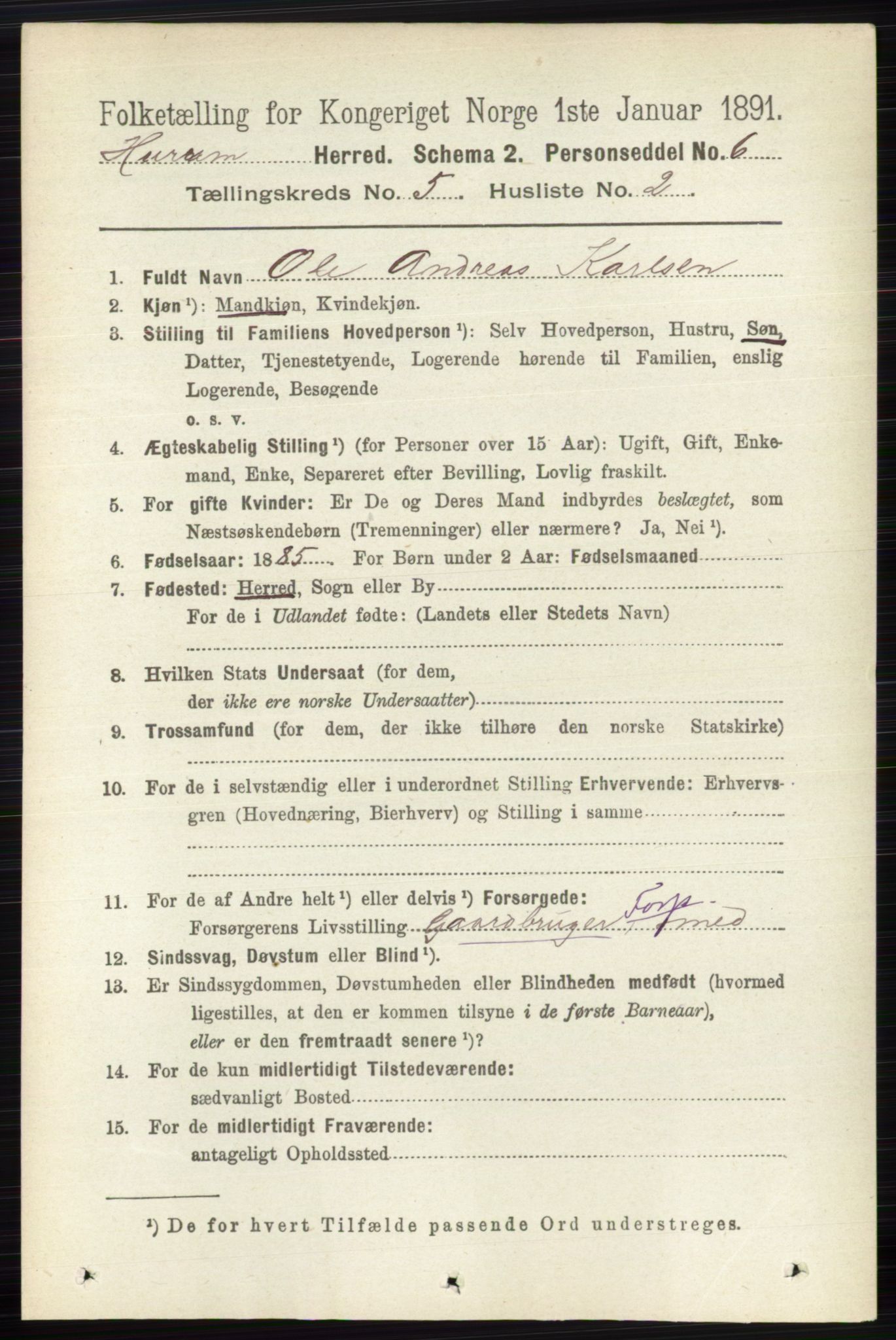 RA, 1891 census for 0628 Hurum, 1891, p. 1408