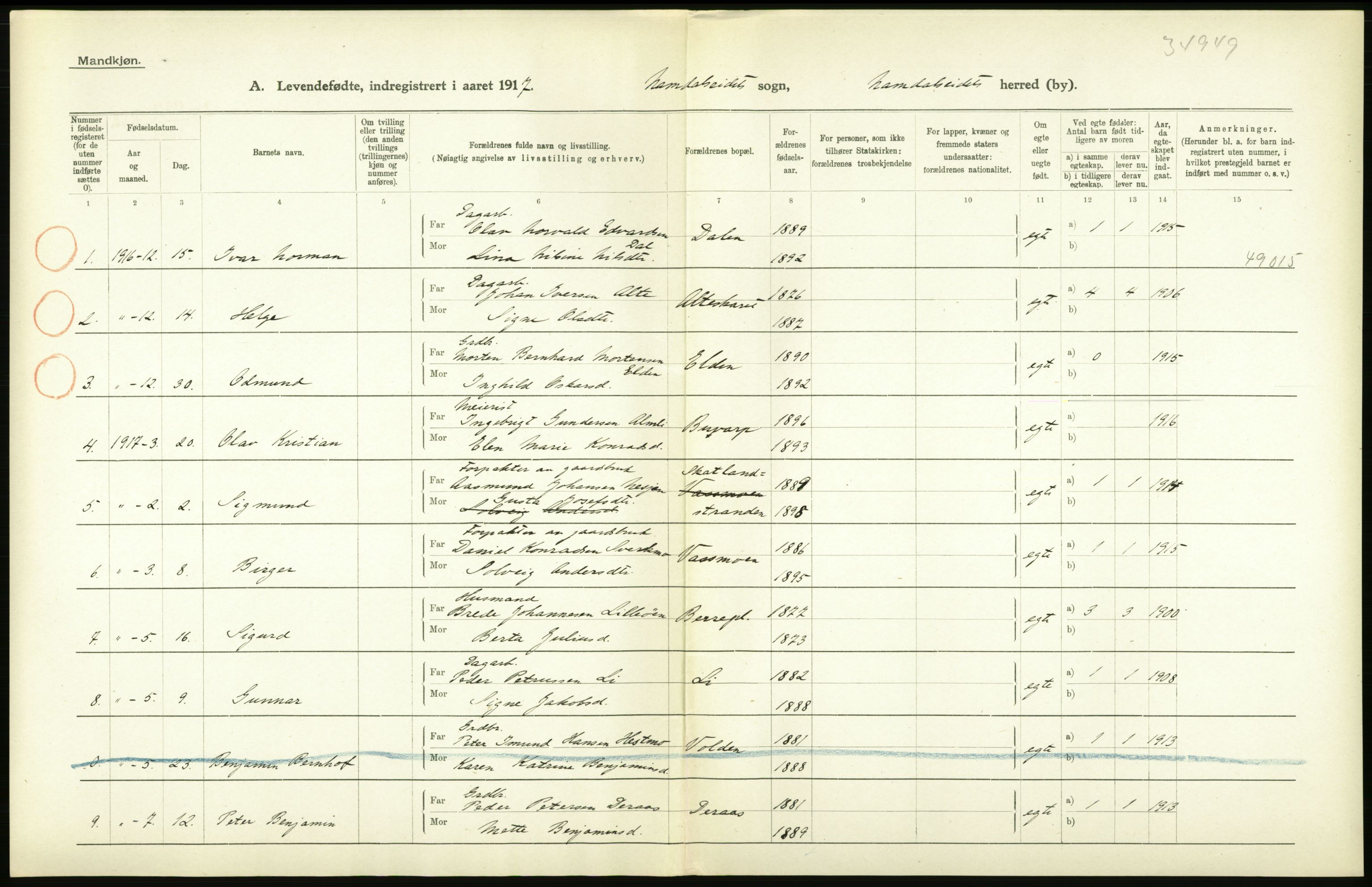 Statistisk sentralbyrå, Sosiodemografiske emner, Befolkning, RA/S-2228/D/Df/Dfb/Dfbg/L0048: N. Bergenhus amt: Levendefødte menn og kvinner. Bygder og byer., 1917, p. 200