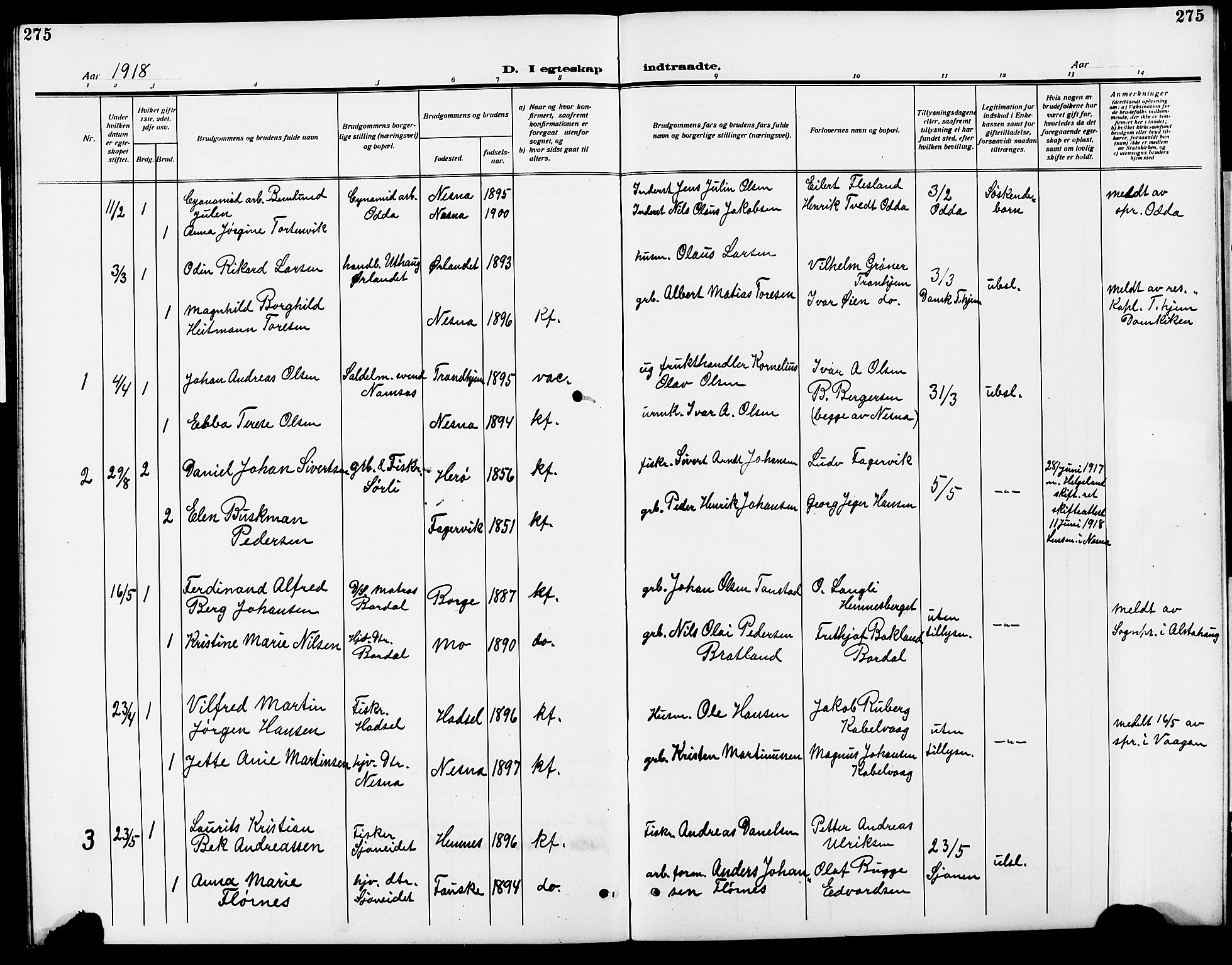 Ministerialprotokoller, klokkerbøker og fødselsregistre - Nordland, SAT/A-1459/838/L0560: Parish register (copy) no. 838C07, 1910-1928, p. 275