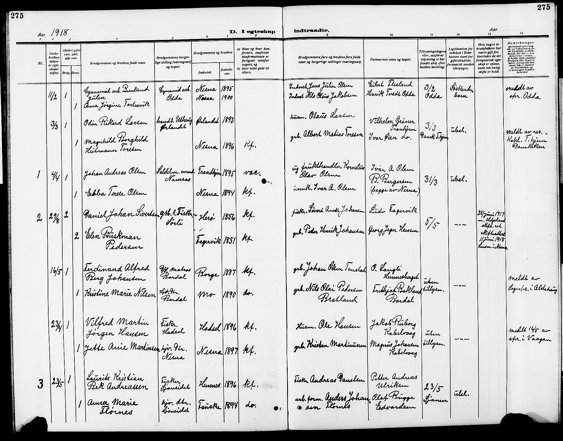 Ministerialprotokoller, klokkerbøker og fødselsregistre - Nordland, AV/SAT-A-1459/838/L0560: Parish register (copy) no. 838C07, 1910-1928, p. 275