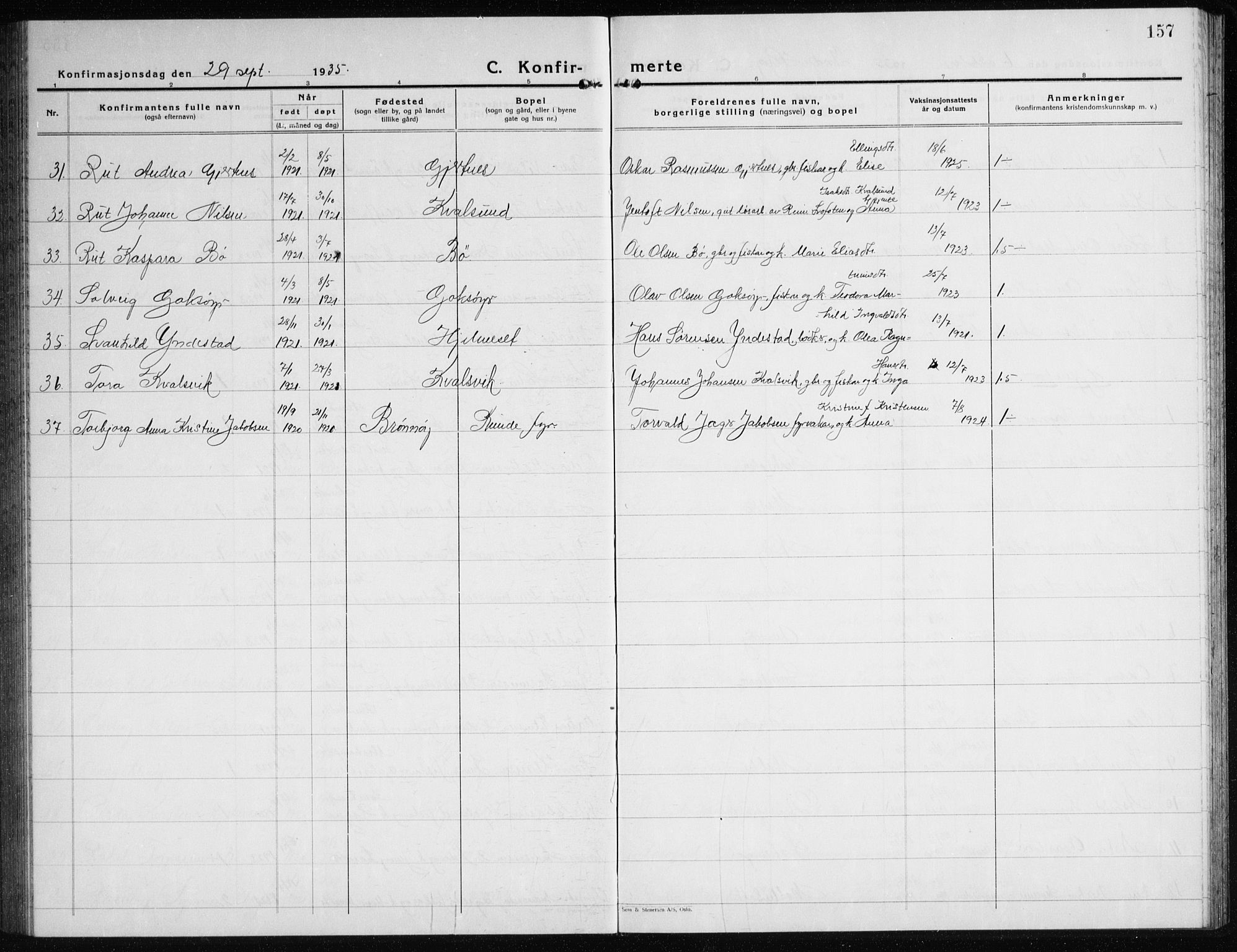 Ministerialprotokoller, klokkerbøker og fødselsregistre - Møre og Romsdal, AV/SAT-A-1454/507/L0085: Parish register (copy) no. 507C08, 1933-1944, p. 157