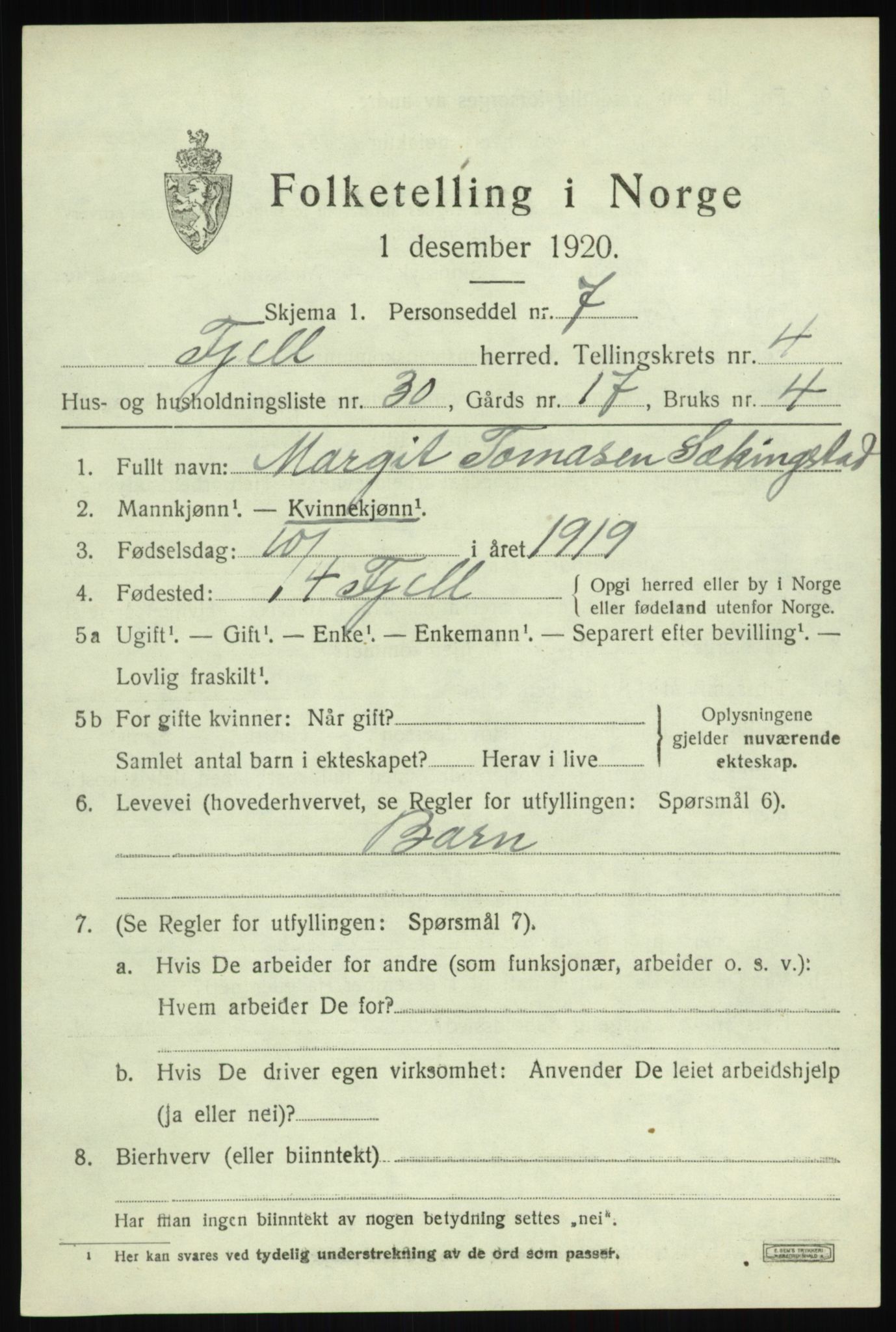 SAB, 1920 census for Fjell, 1920, p. 4088