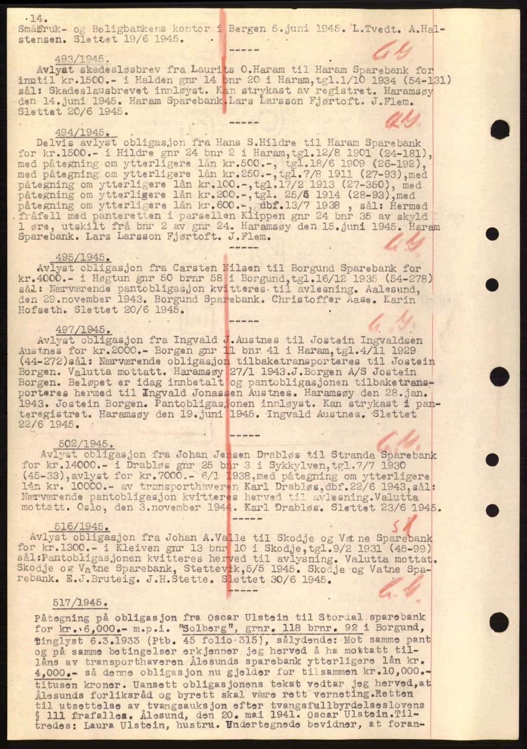 Nordre Sunnmøre sorenskriveri, SAT/A-0006/1/2/2C/2Ca: Mortgage book no. B6-14 a, 1942-1945, Diary no: : 493/1945