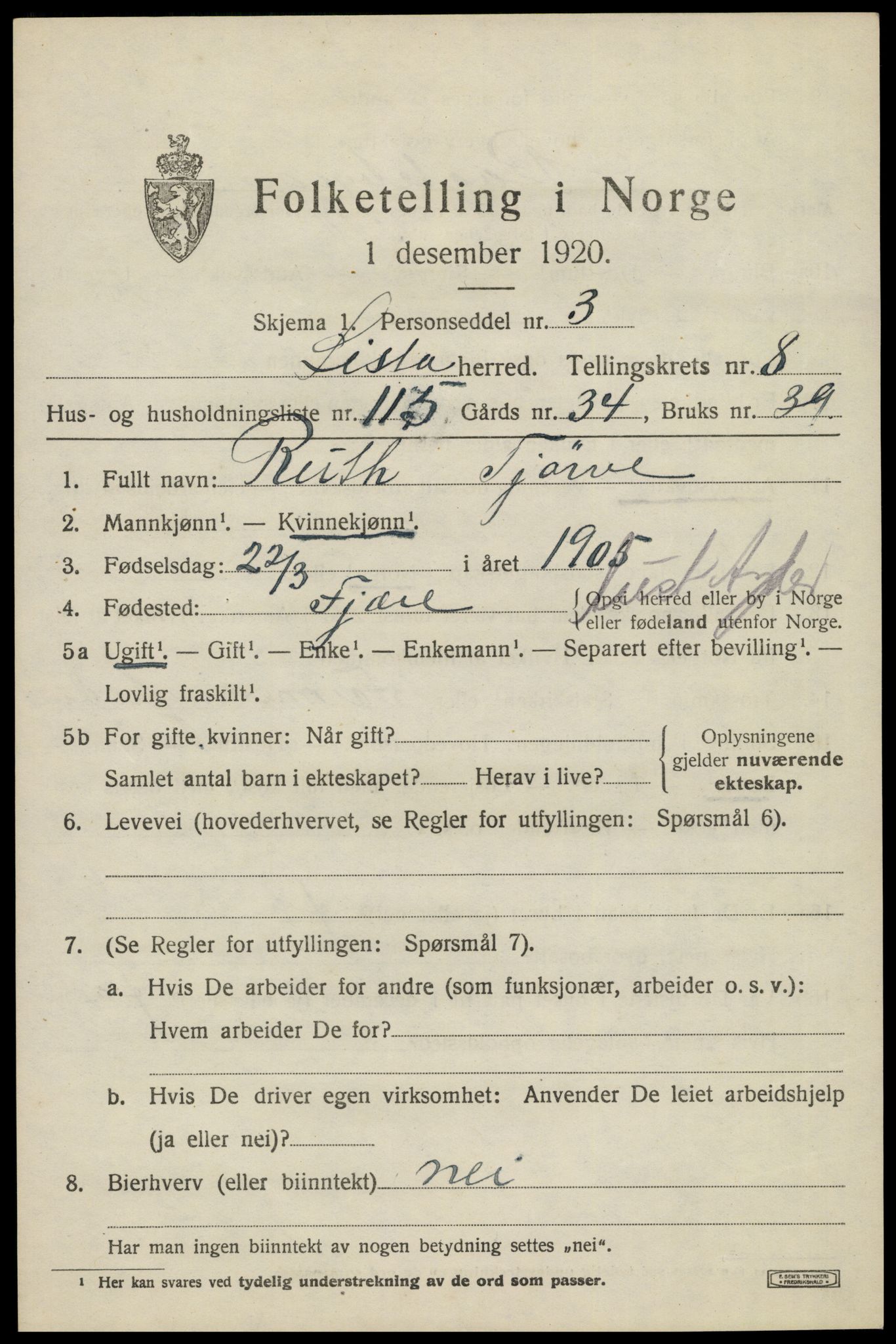 SAK, 1920 census for Lista, 1920, p. 8993