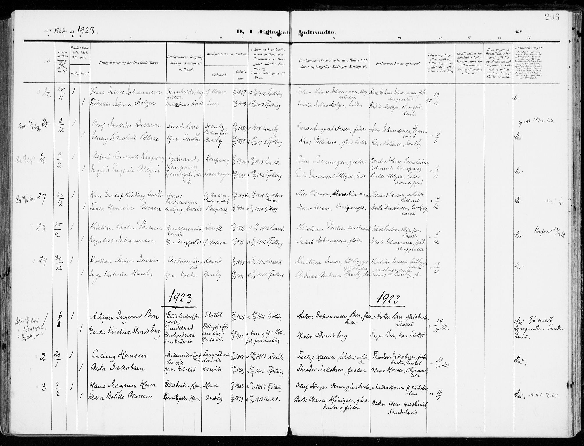Tjølling kirkebøker, SAKO/A-60/F/Fa/L0010: Parish register (official) no. 10, 1906-1923, p. 296