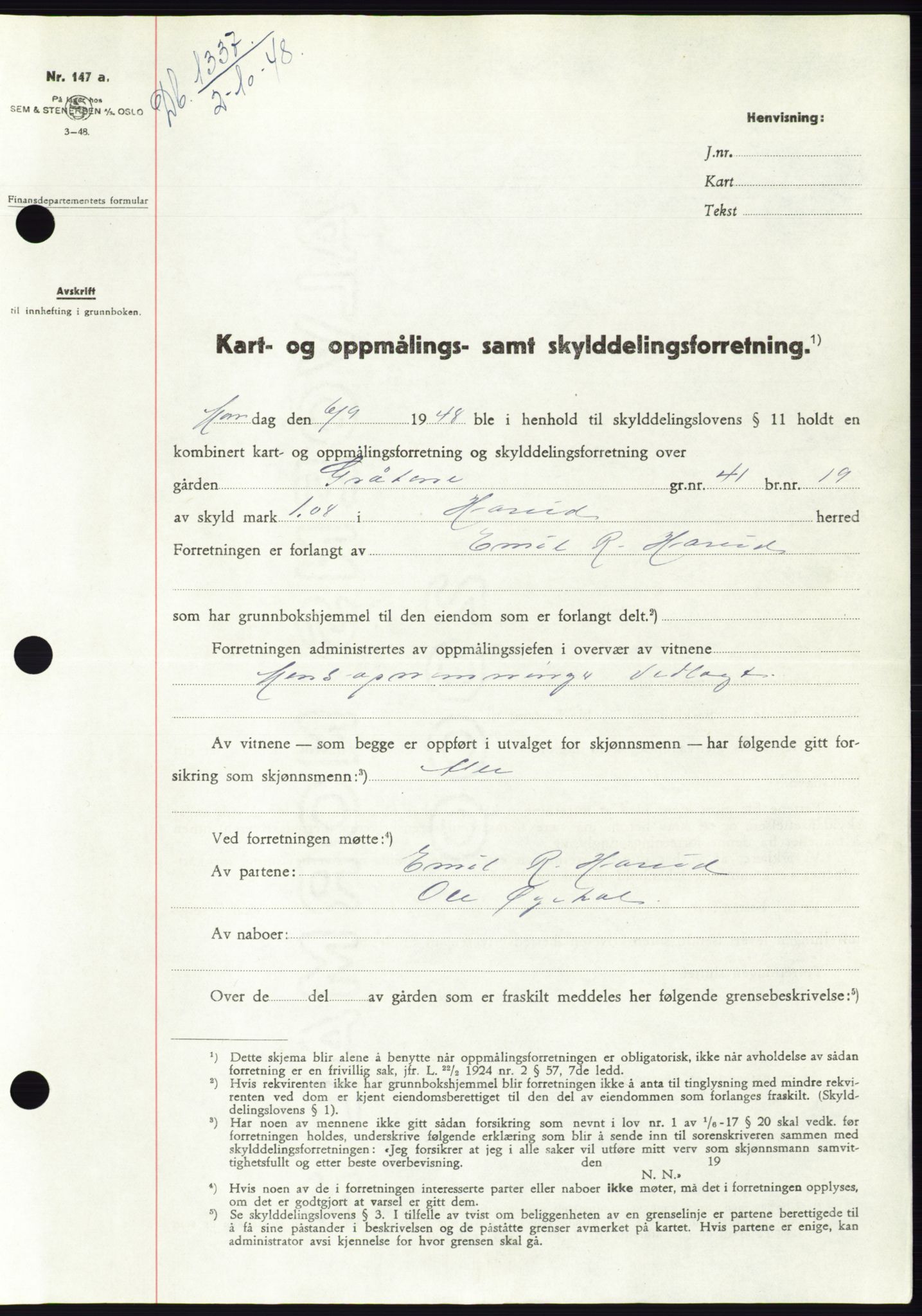 Søre Sunnmøre sorenskriveri, AV/SAT-A-4122/1/2/2C/L0083: Mortgage book no. 9A, 1948-1949, Diary no: : 1337/1948