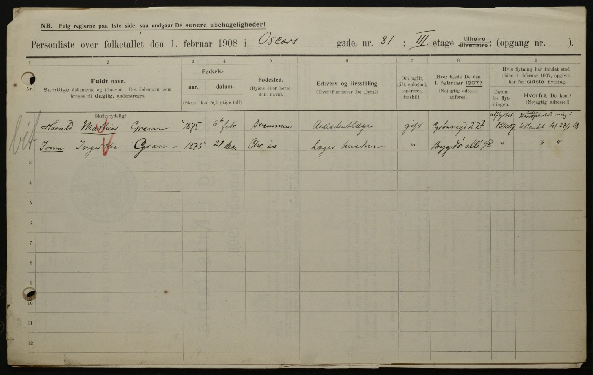 OBA, Municipal Census 1908 for Kristiania, 1908, p. 68874