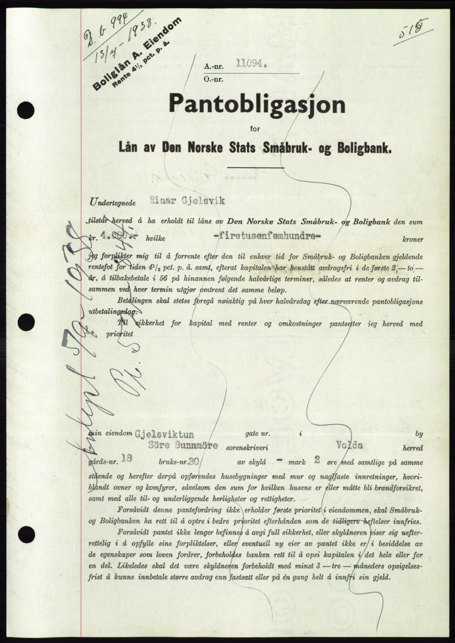 Søre Sunnmøre sorenskriveri, AV/SAT-A-4122/1/2/2C/L0065: Mortgage book no. 59, 1938-1938, Diary no: : 994/1938