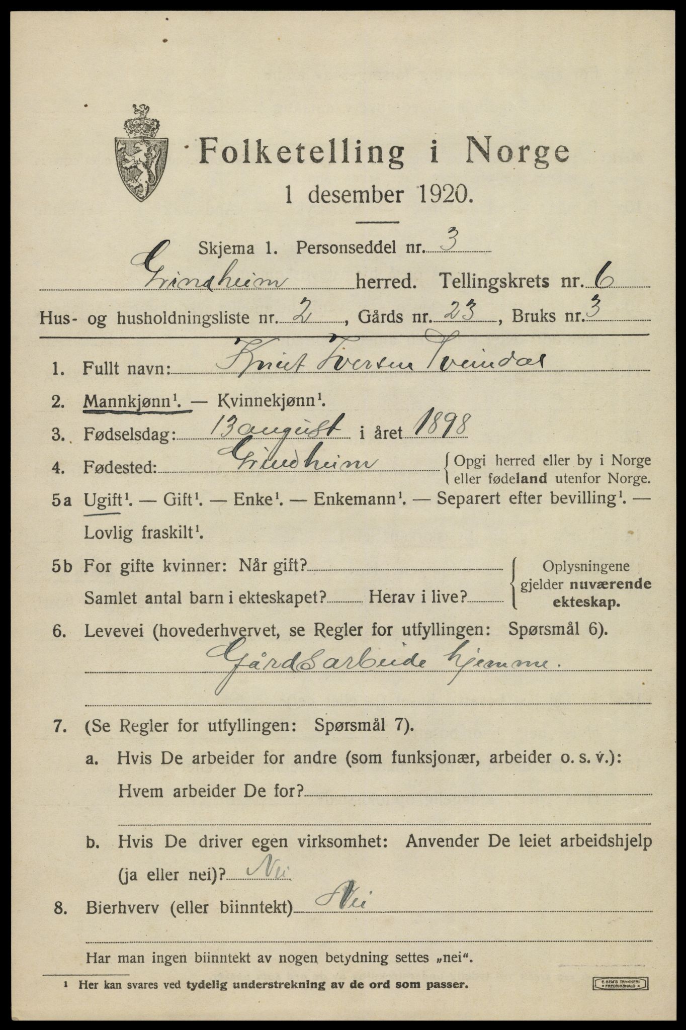 SAK, 1920 census for Grindheim, 1920, p. 1873