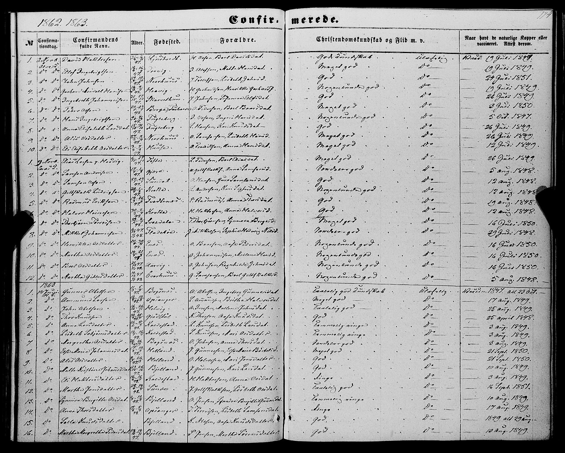 Kvinnherad sokneprestembete, SAB/A-76401/H/Haa: Parish register (official) no. A 8, 1854-1872, p. 174