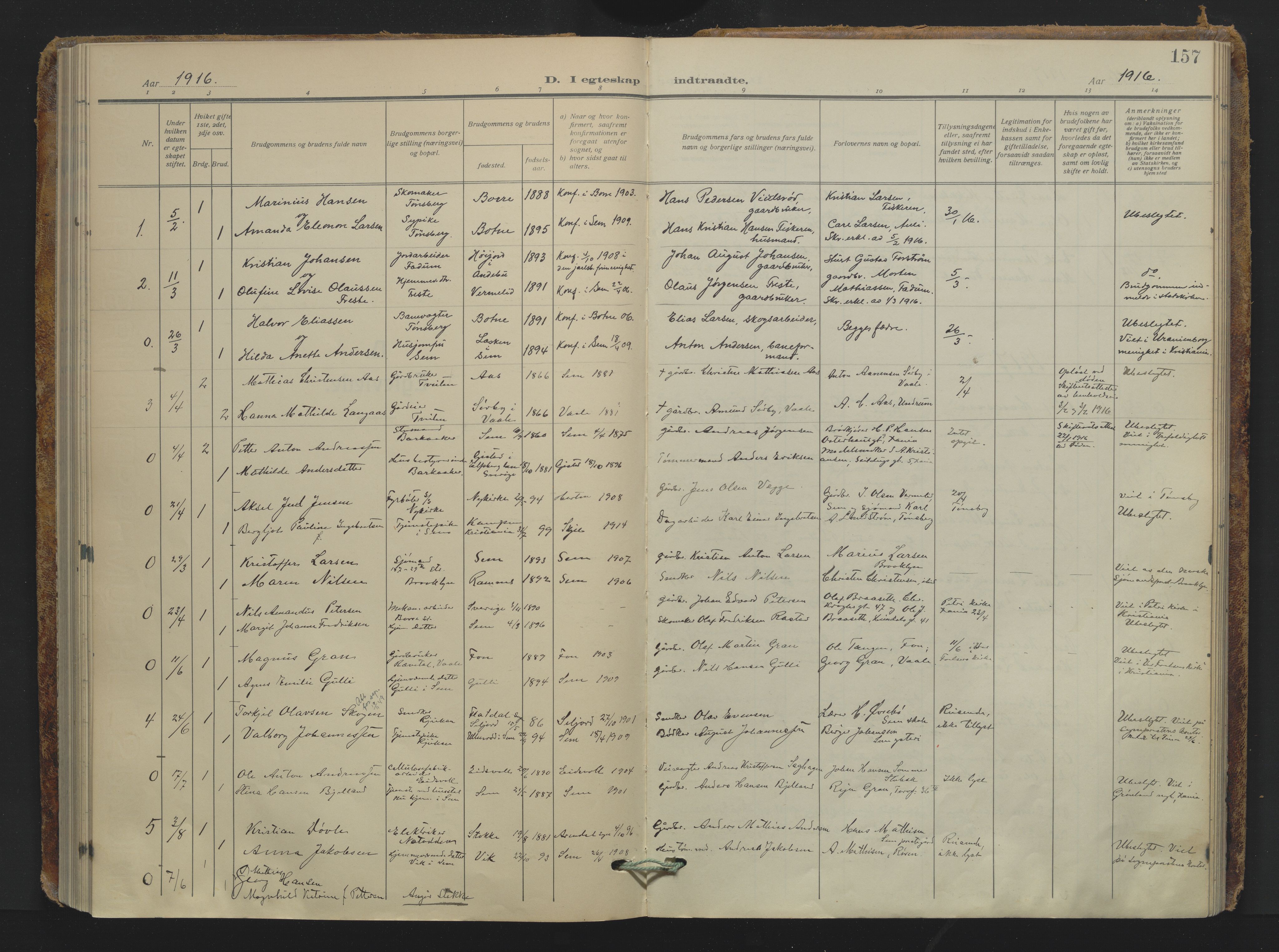 Sem kirkebøker, AV/SAKO-A-5/F/Fa/L0013: Parish register (official) no. I 13, 1916-1932, p. 157