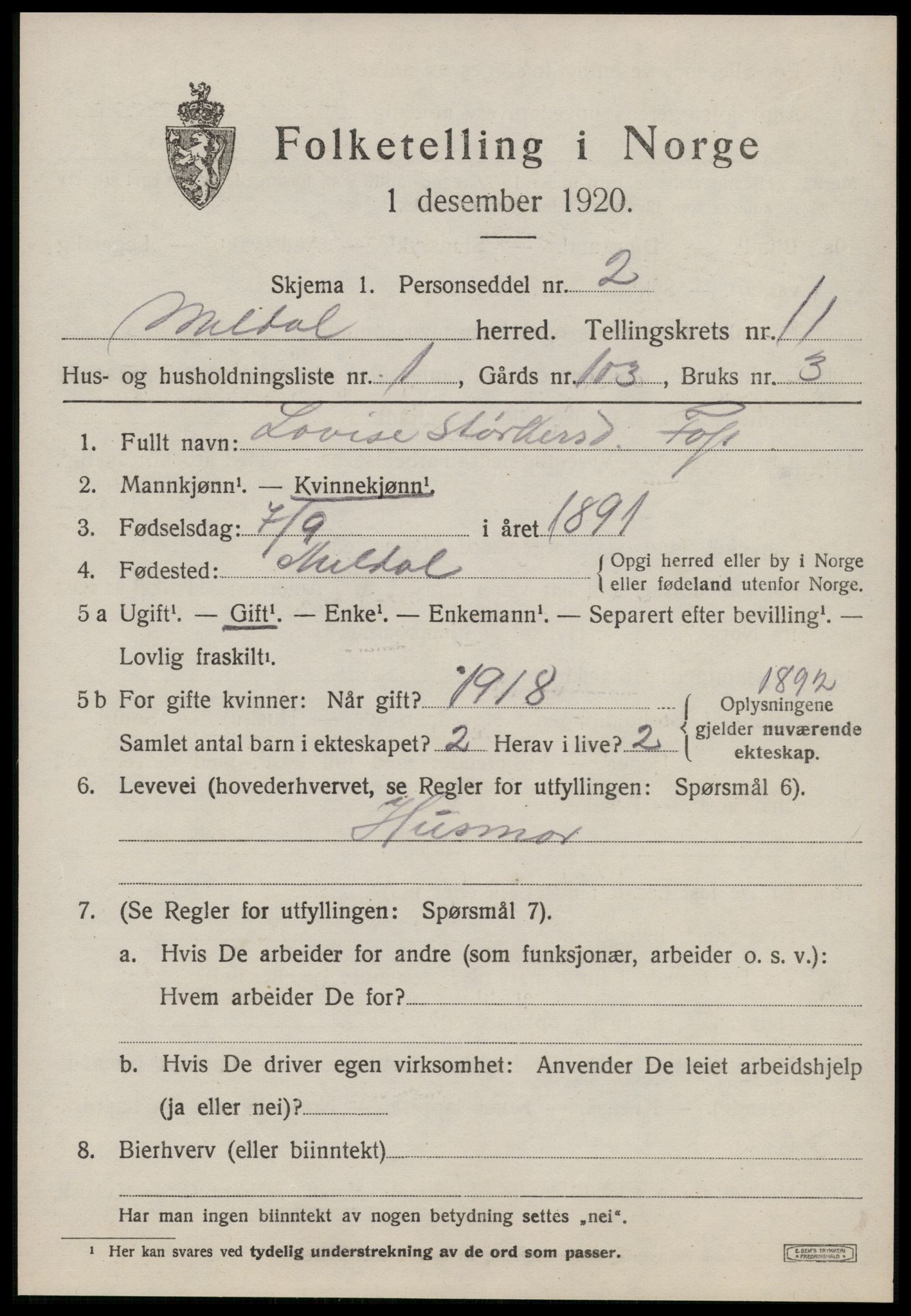 SAT, 1920 census for Meldal, 1920, p. 8501