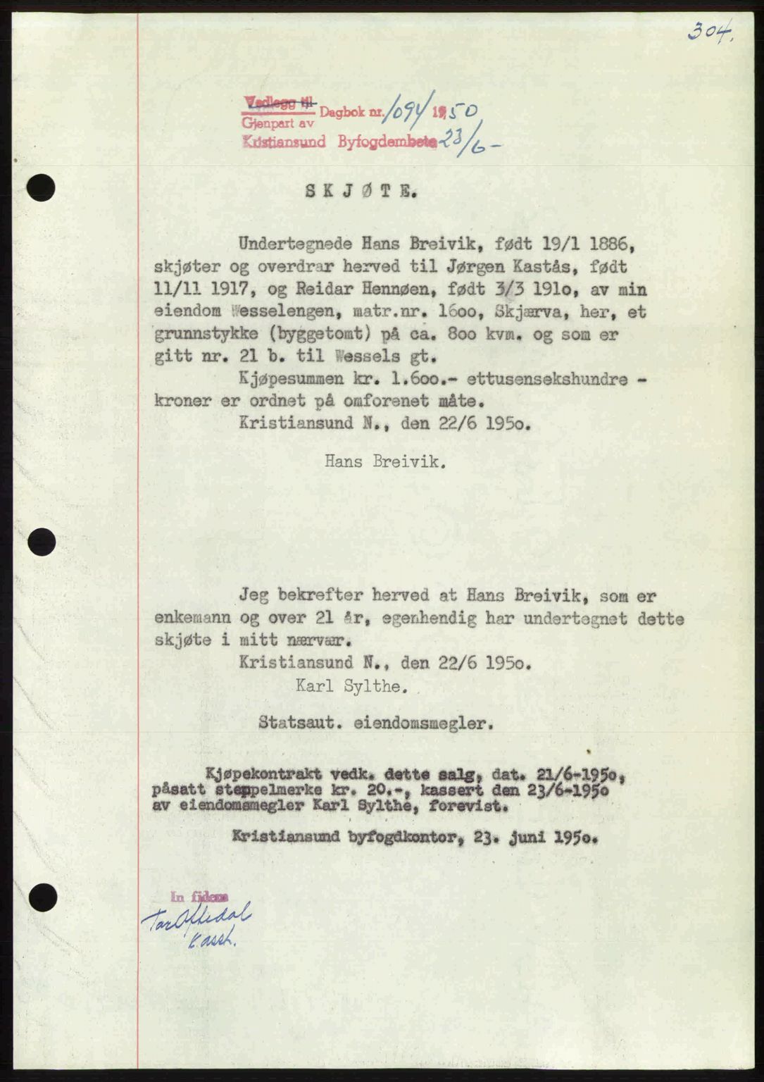 Kristiansund byfogd, AV/SAT-A-4587/A/27: Mortgage book no. 46, 1949-1950, Diary no: : 1094/1950