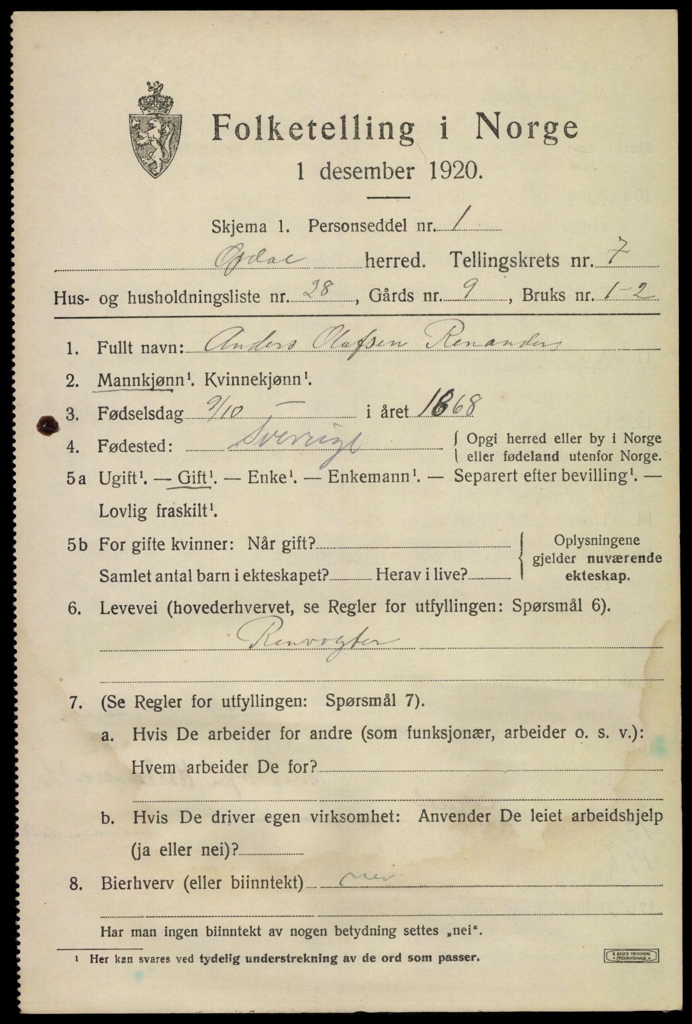 SAKO, 1920 census for Uvdal, 1920, p. 3073