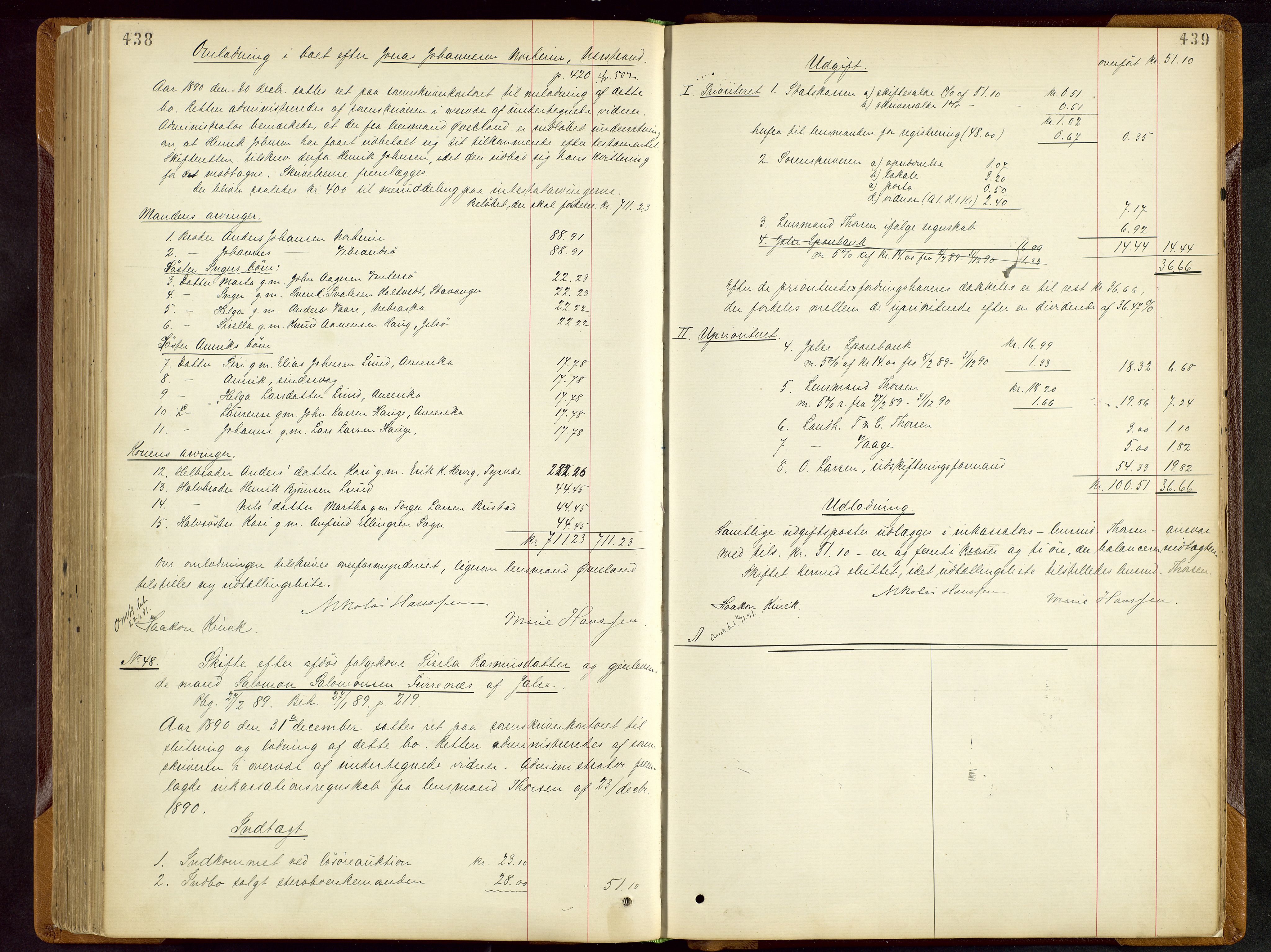 Ryfylke tingrett, AV/SAST-A-100055/001/IV/IVD/L0028: Skifteprotokoll, register i protokollen, 1885-1893, p. 438-439