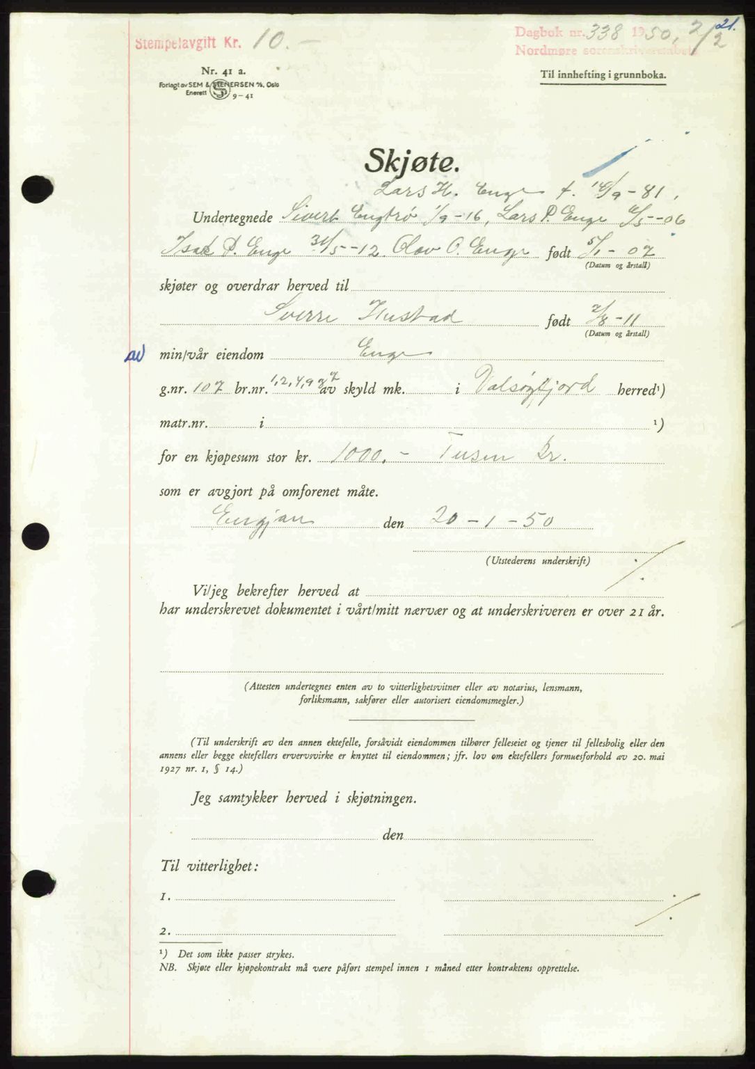 Nordmøre sorenskriveri, AV/SAT-A-4132/1/2/2Ca: Mortgage book no. A114, 1950-1950, Diary no: : 338/1950