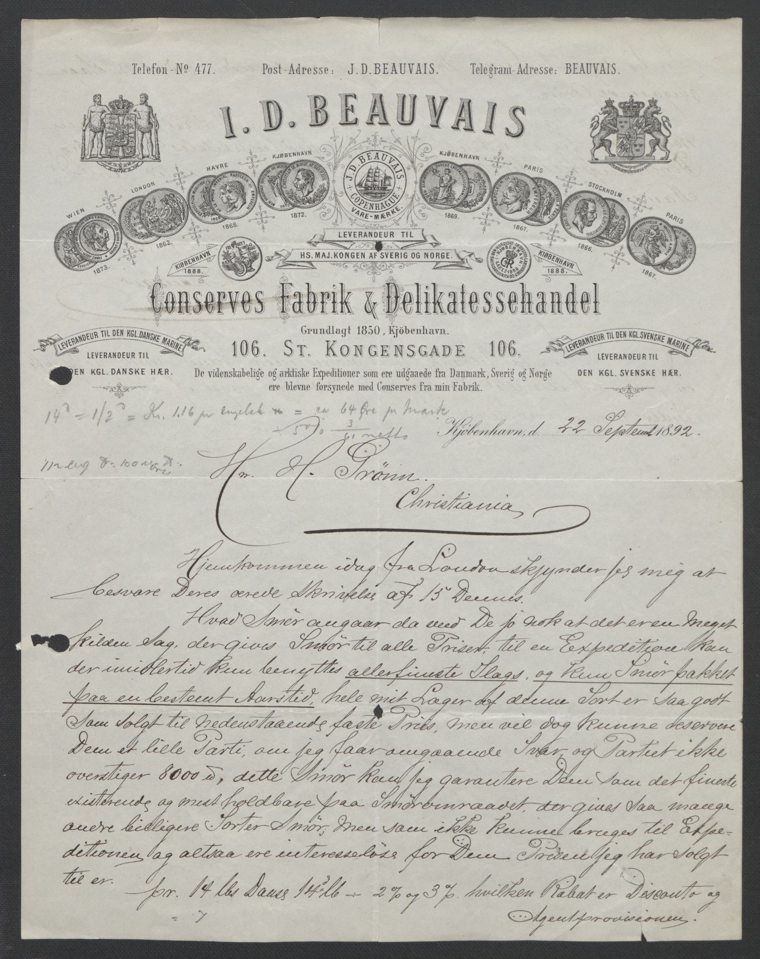 Arbeidskomitéen for Fridtjof Nansens polarekspedisjon, AV/RA-PA-0061/D/L0004: Innk. brev og telegrammer vedr. proviant og utrustning, 1892-1893, p. 39