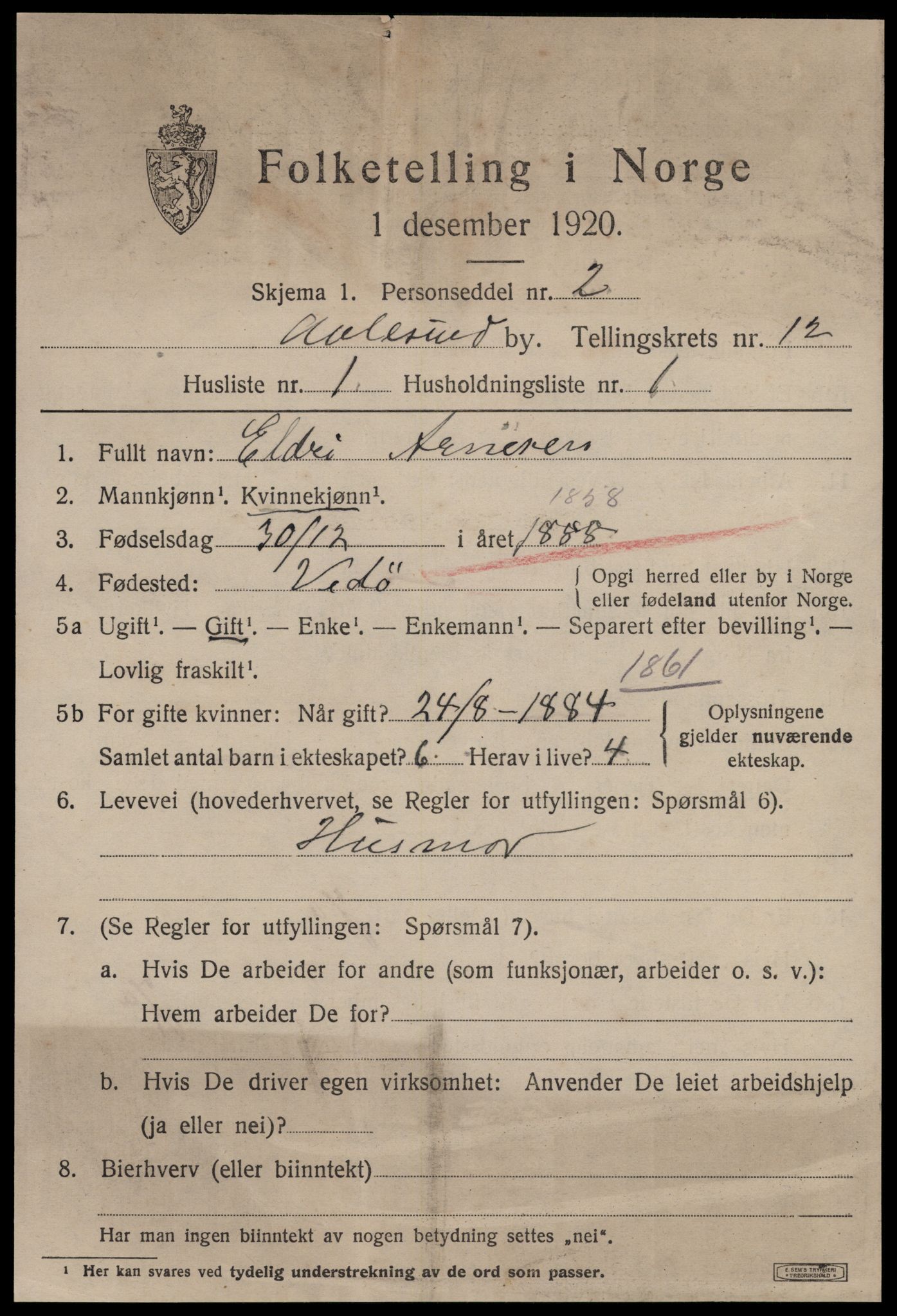 SAT, 1920 census for Ålesund, 1920, p. 26220