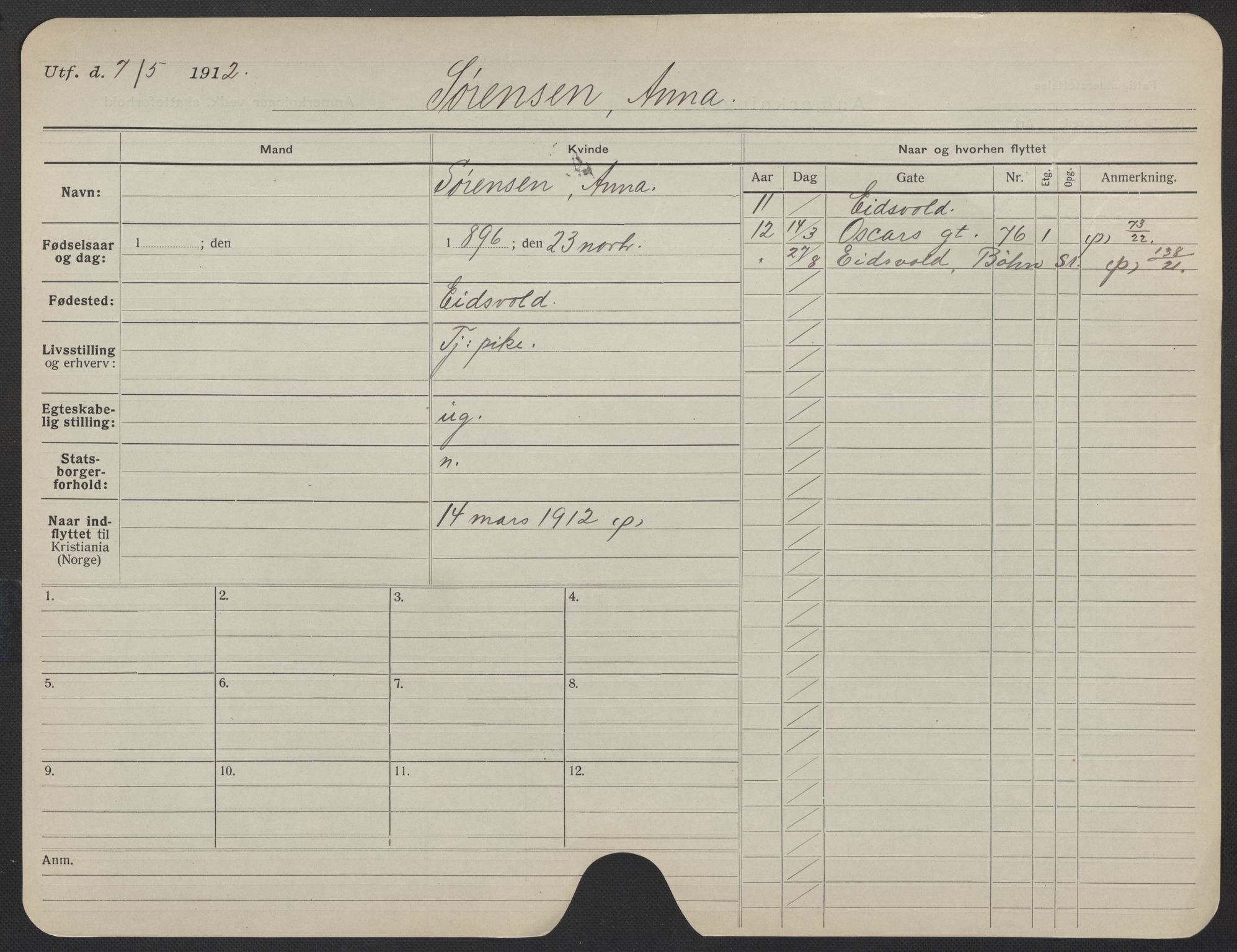 Oslo folkeregister, Registerkort, AV/SAO-A-11715/F/Fa/Fac/L0024: Kvinner, 1906-1914, p. 862a
