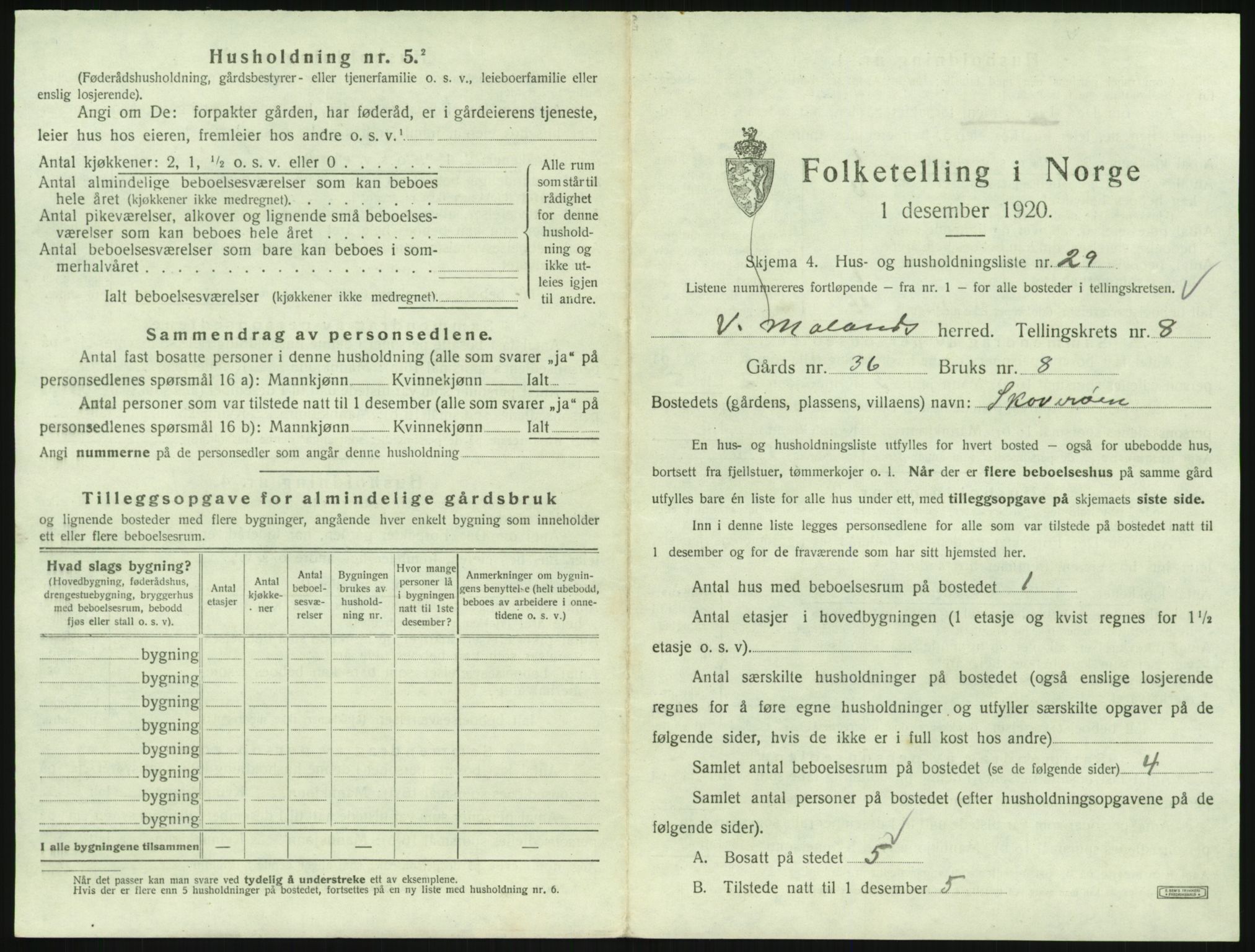 SAK, 1920 census for Vestre Moland, 1920, p. 1009