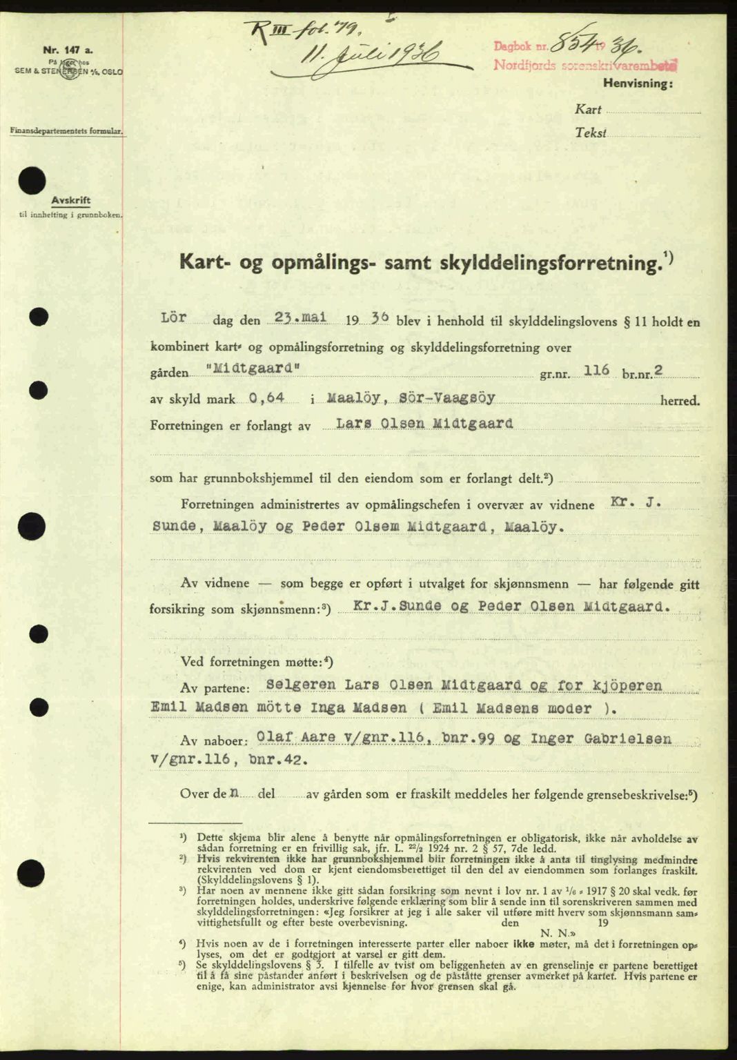 Nordfjord sorenskriveri, AV/SAB-A-2801/02/02b/02bj/L0001: Mortgage book no. A1, 1936-1937, Diary no: : 854/1936